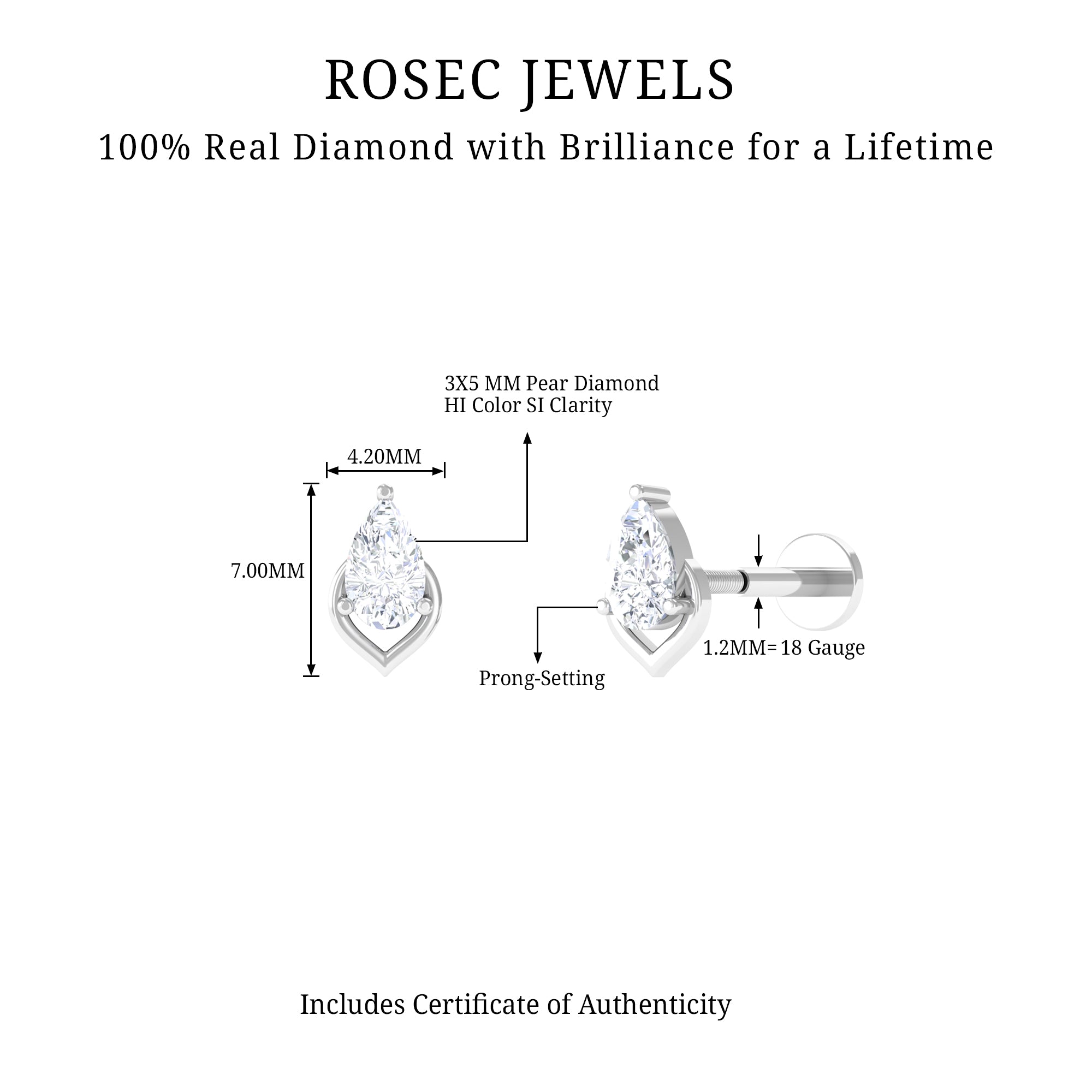 Pear Shape Diamond Solitaire Earring for Helix Piercing Lab - ( EF-VS ) - Rosec Jewels