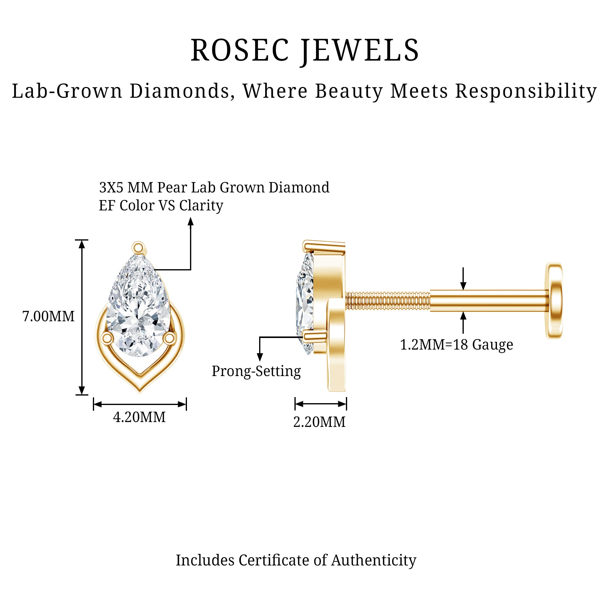 Pear Shape Diamond Solitaire Earring for Helix Piercing Lab - ( EF-VS ) - Rosec Jewels