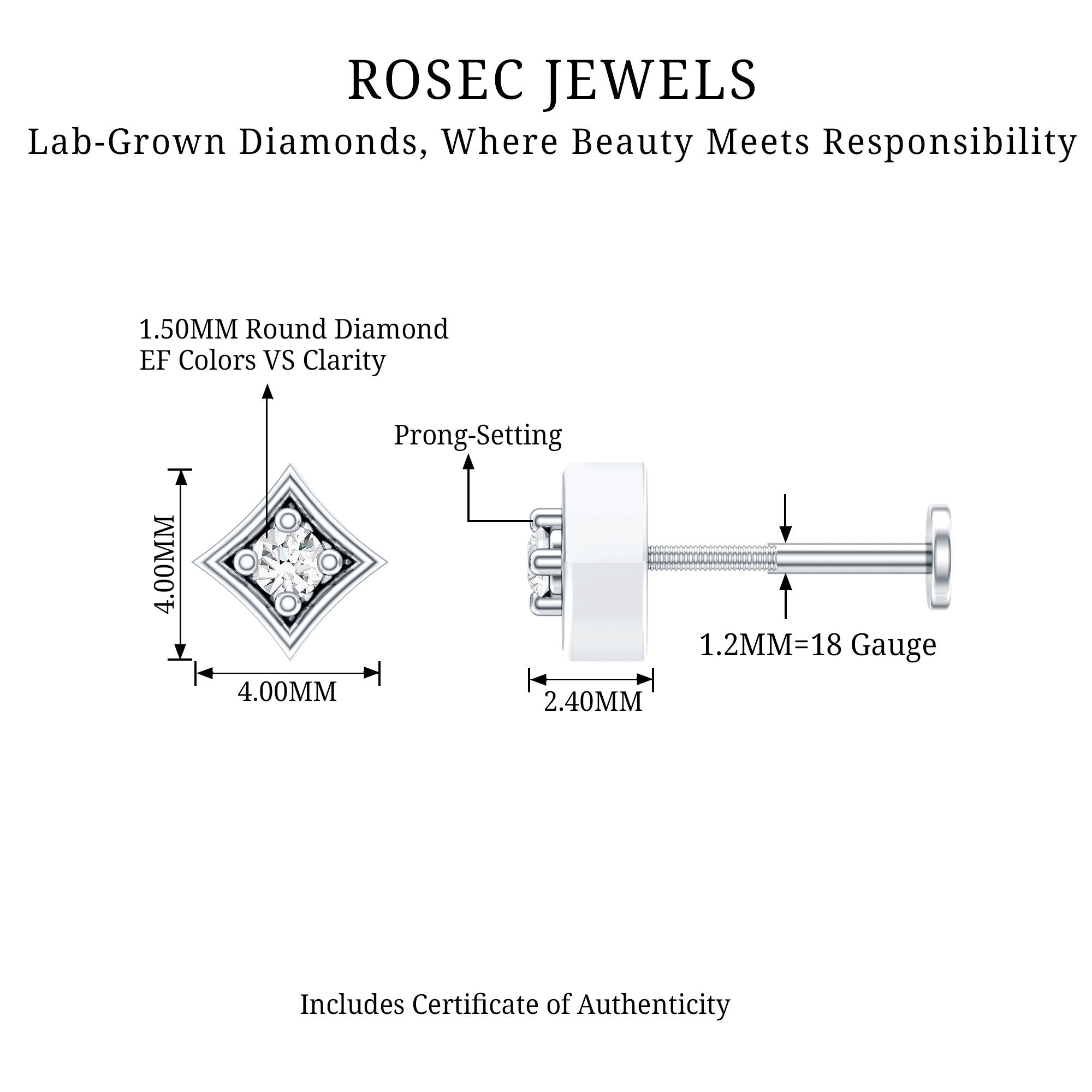 Classic Diamond Solitaire Nose Pin for Women Lab - ( EF-VS ) - Rosec Jewels