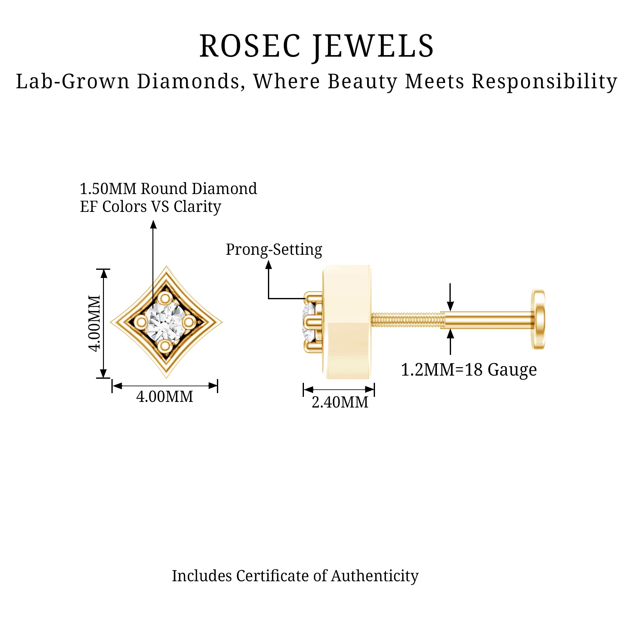 Classic Diamond Solitaire Nose Pin for Women Lab - ( EF-VS ) - Rosec Jewels