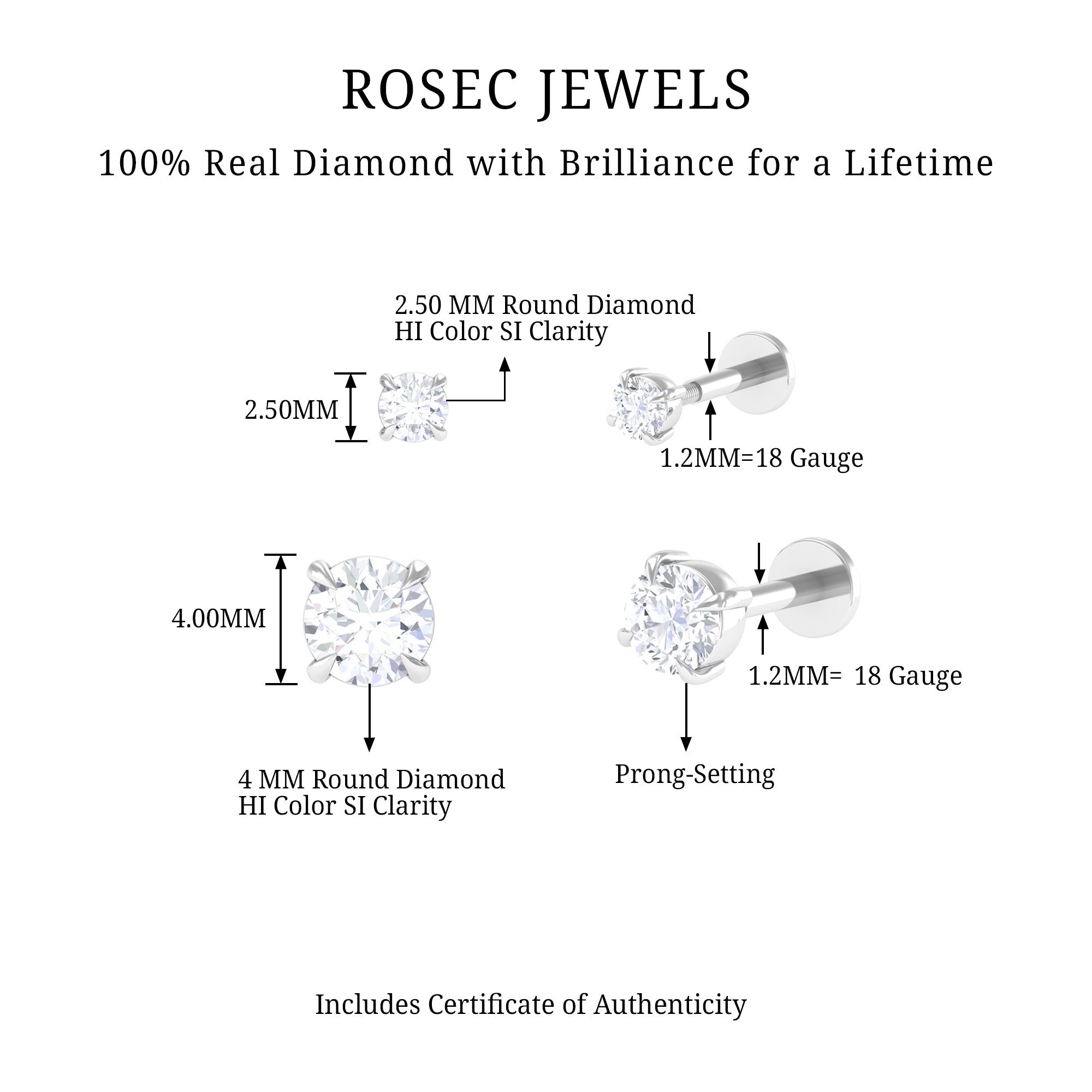 Rosec Jewels-Brilliant Cut Diamond Solitaire Earring Set for Helix Piercing