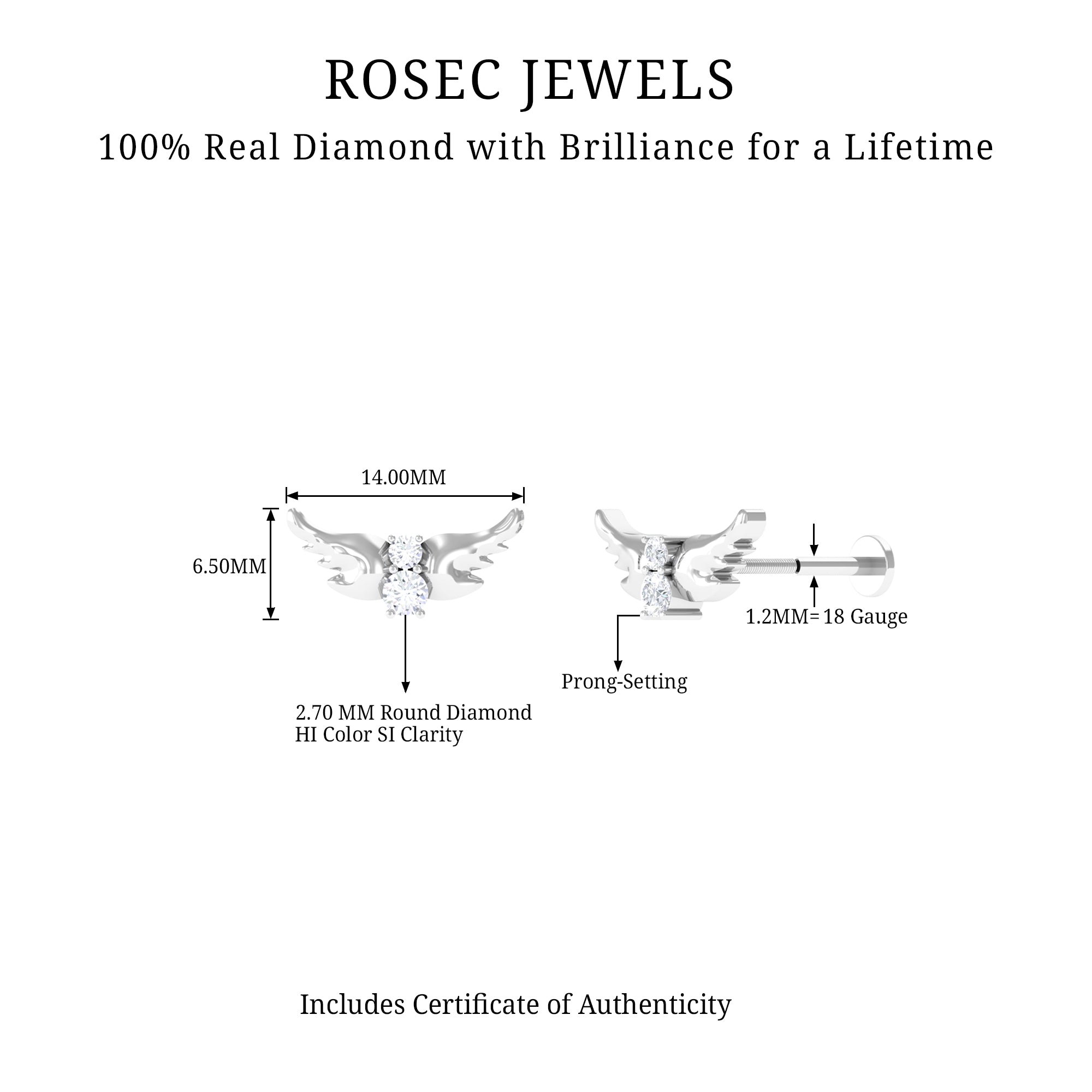 Animal Inspired Diamond Bird Earring for Helix Piercing Lab - ( EF-VS ) - Rosec Jewels