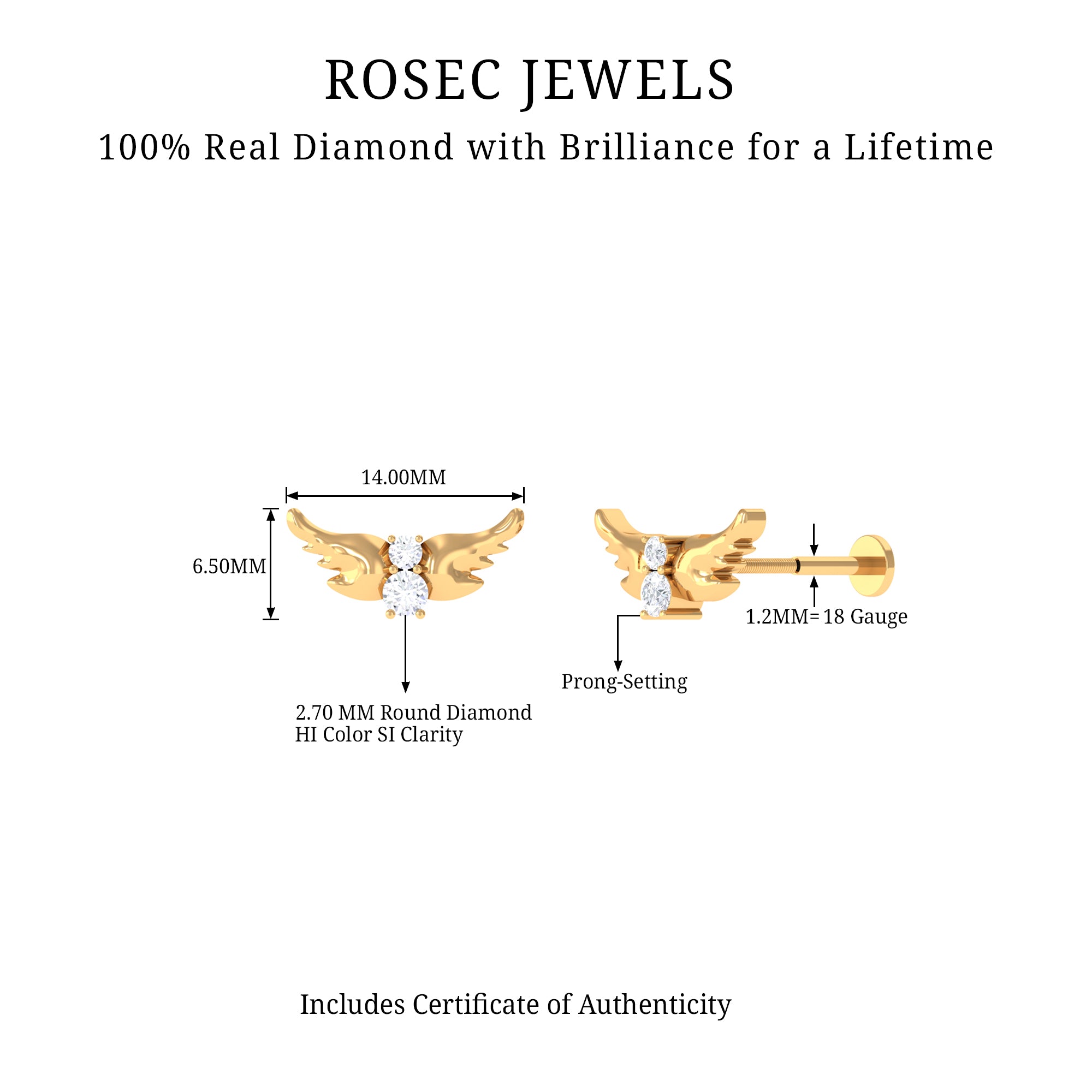 Animal Inspired Diamond Bird Earring for Helix Piercing Lab - ( EF-VS ) - Rosec Jewels