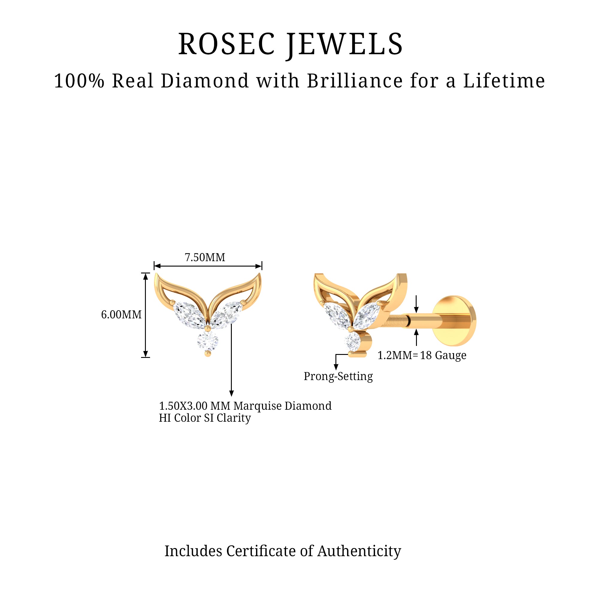 Marquise Diamond Leaf Earring for Cartilage Piercing Lab - ( EF-VS ) - Rosec Jewels