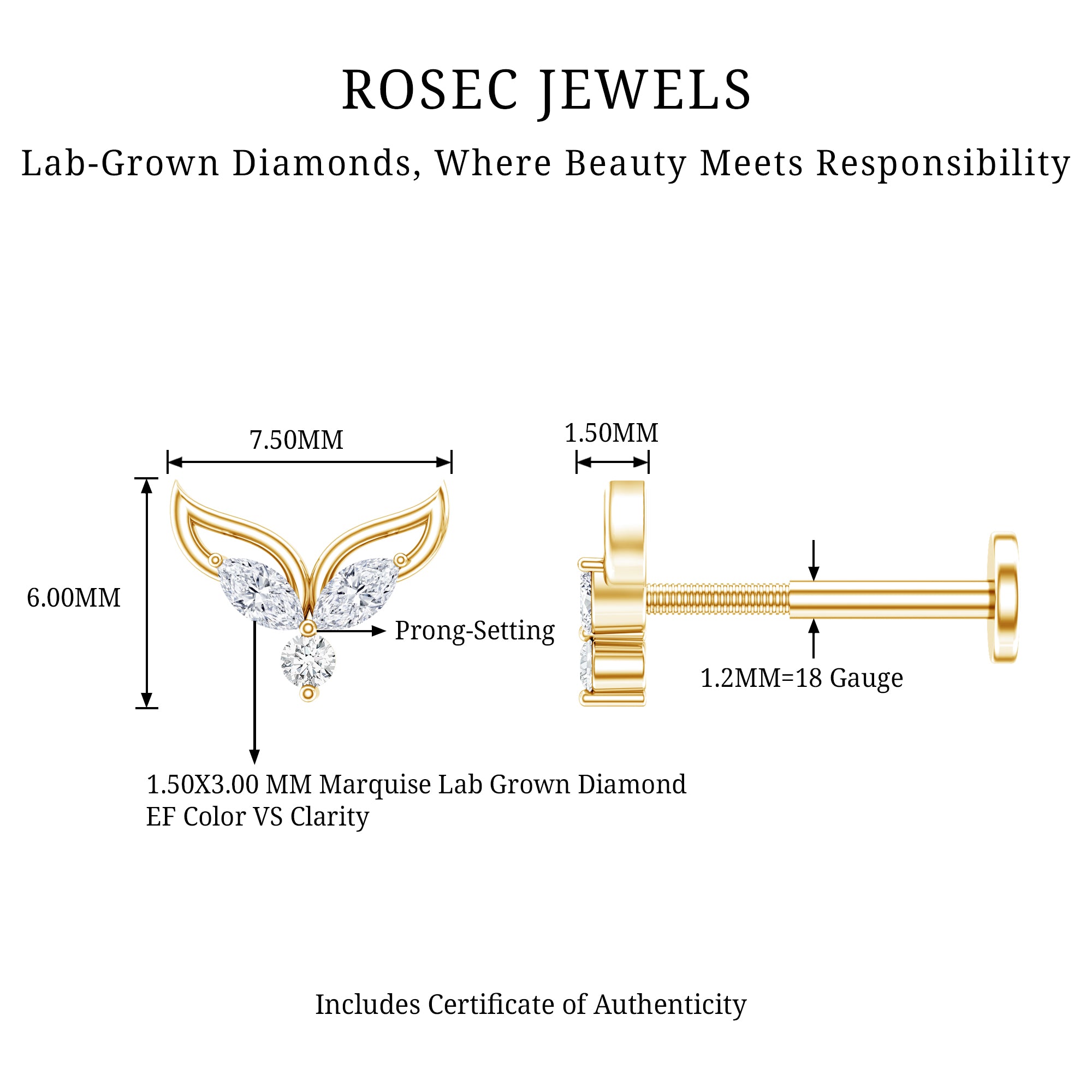 Marquise Diamond Leaf Earring for Cartilage Piercing Lab - ( EF-VS ) - Rosec Jewels