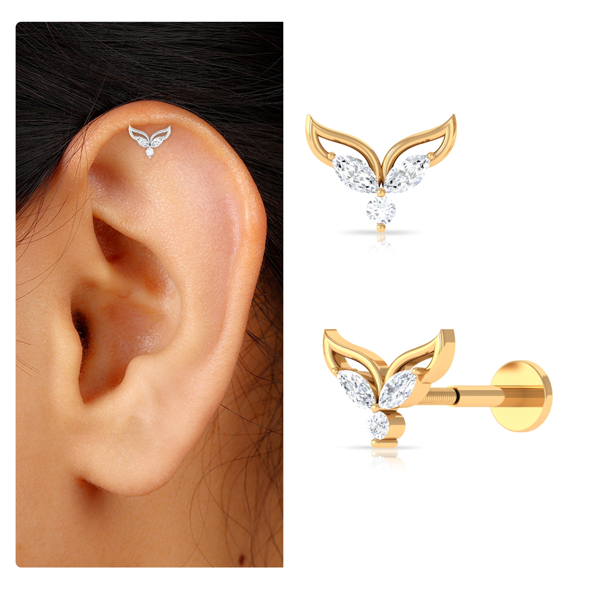 Marquise Diamond Leaf Earring for Cartilage Piercing Lab - ( EF-VS ) - Rosec Jewels
