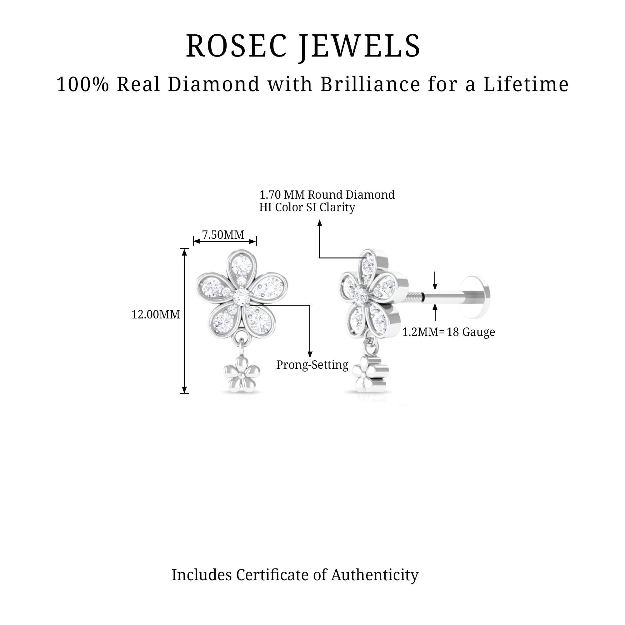 Rosec Jewels-Certified Diamond Flower Helix Drop Earring
