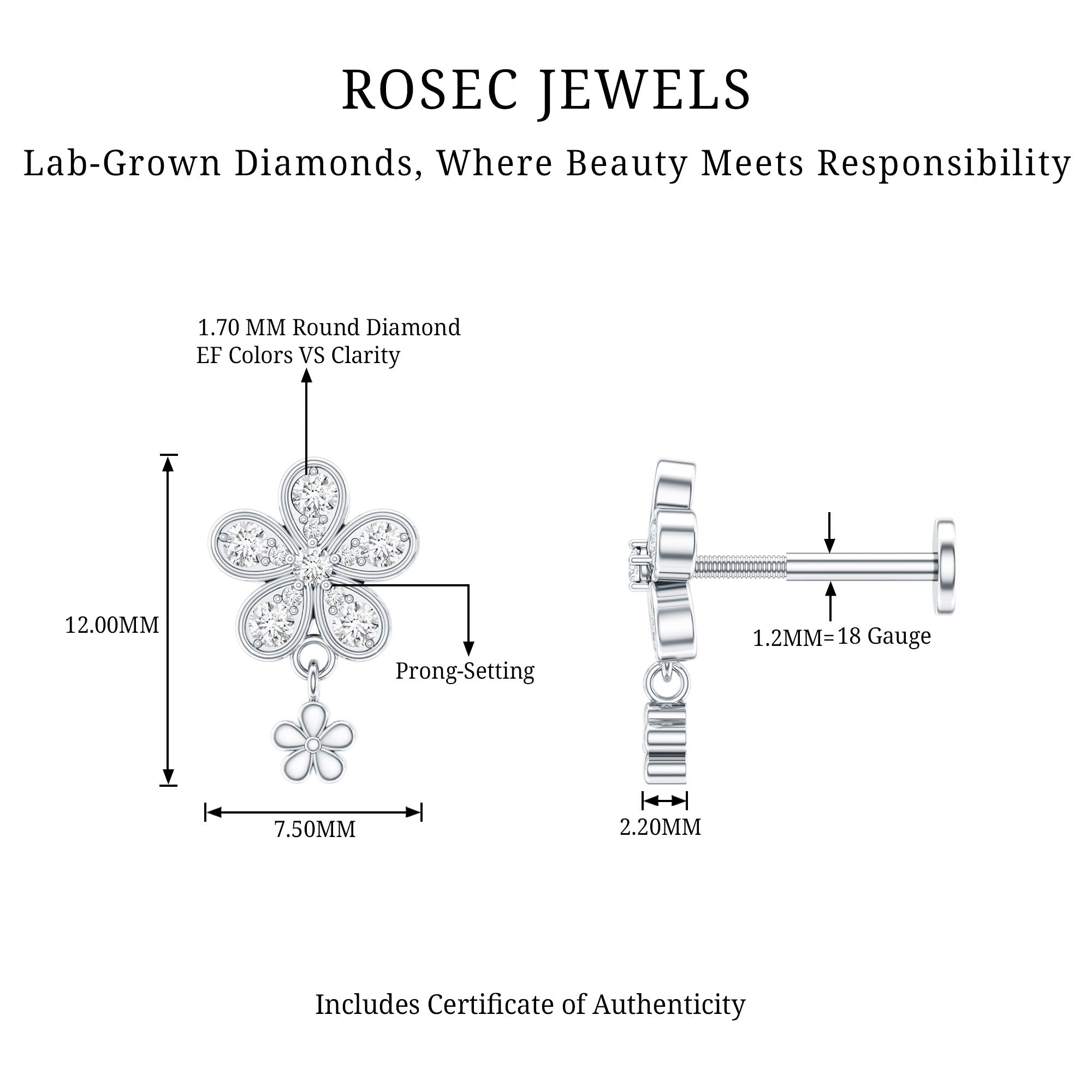 Certified Diamond Flower Helix Drop Earring Lab - ( EF-VS ) - Rosec Jewels