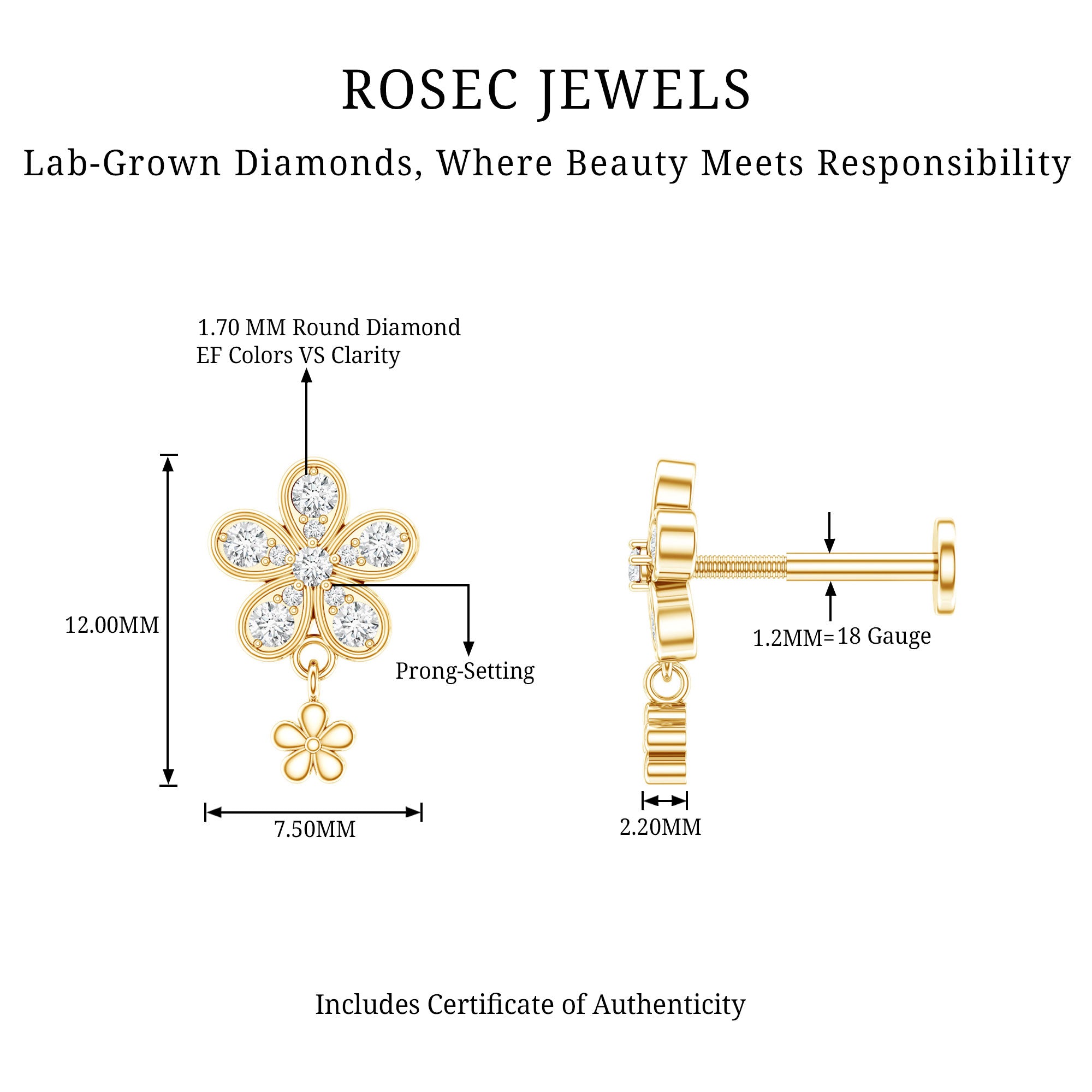 Certified Diamond Flower Helix Drop Earring Lab - ( EF-VS ) - Rosec Jewels