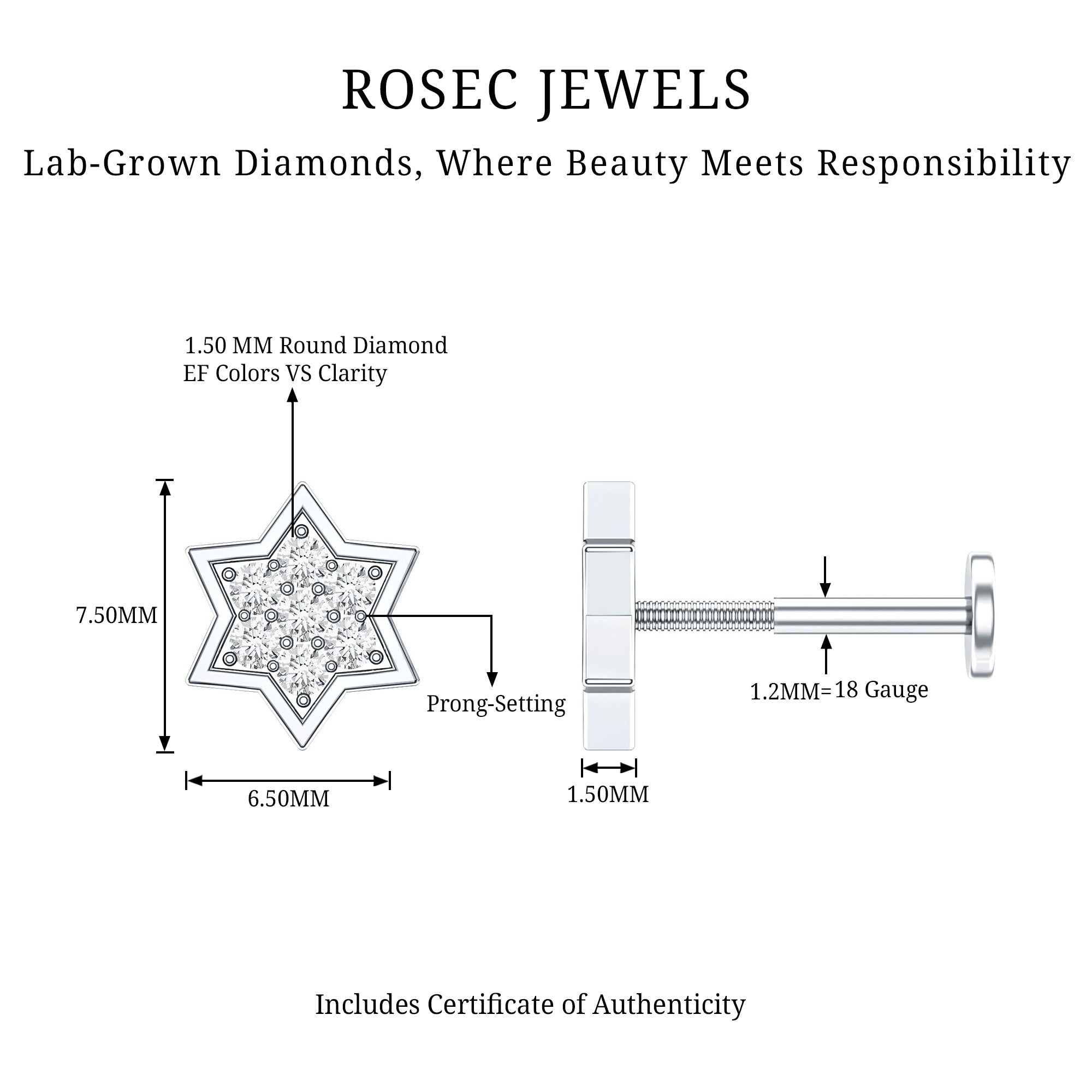 Certified Diamond Star Earring for Helix Piercing Lab - ( EF-VS ) - Rosec Jewels