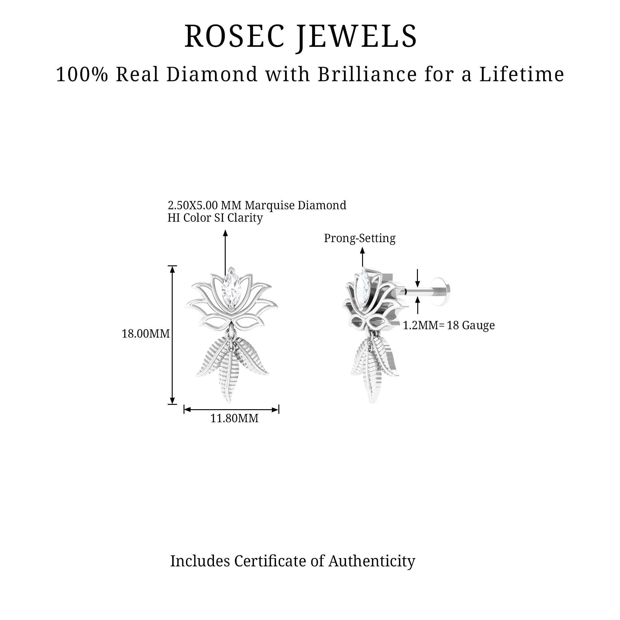 Marquise Diamond Lotus Flower Drop Earring Lab - ( EF-VS ) - Rosec Jewels