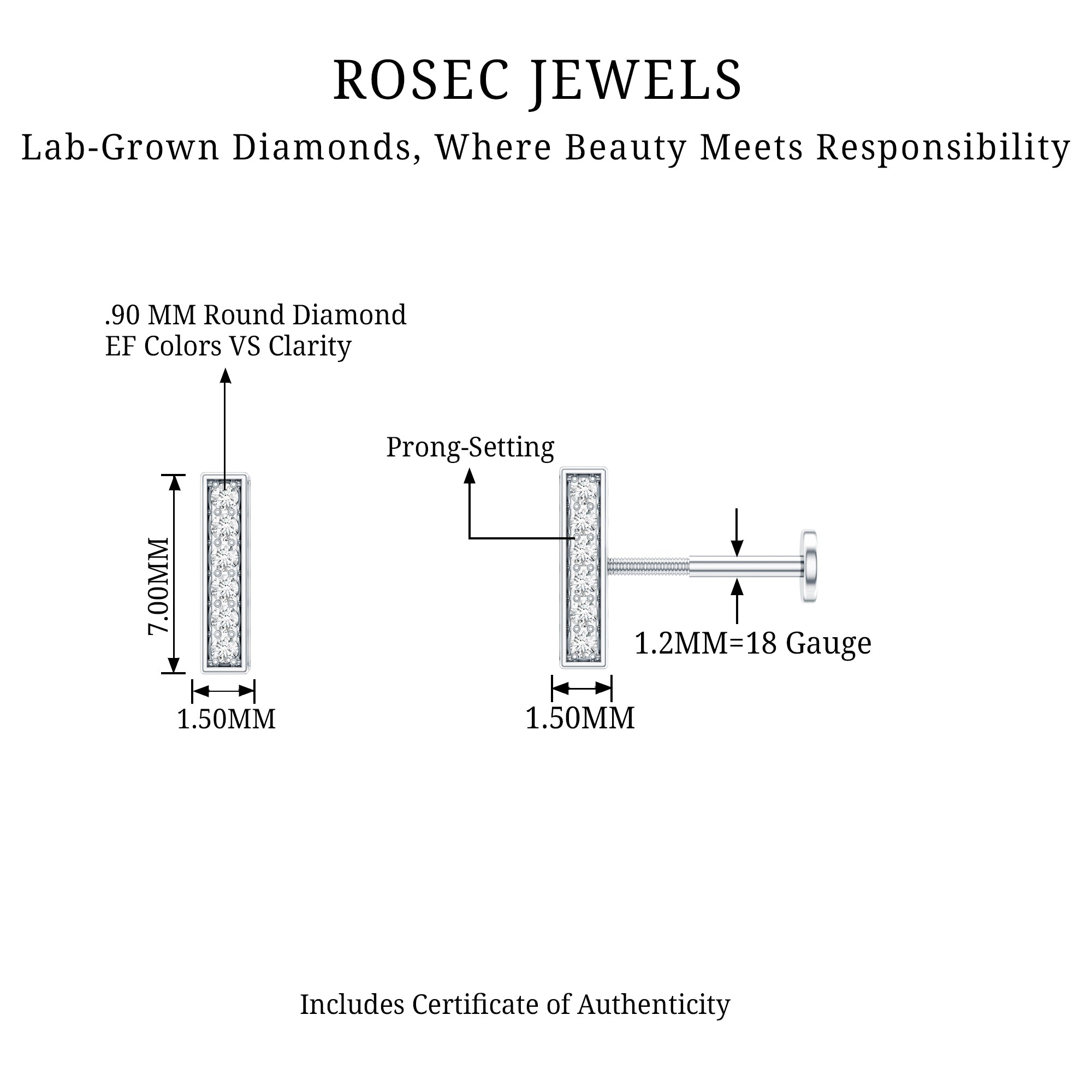 Diamond Bar Earring for Tragus Piercing Lab - ( EF-VS ) - Rosec Jewels