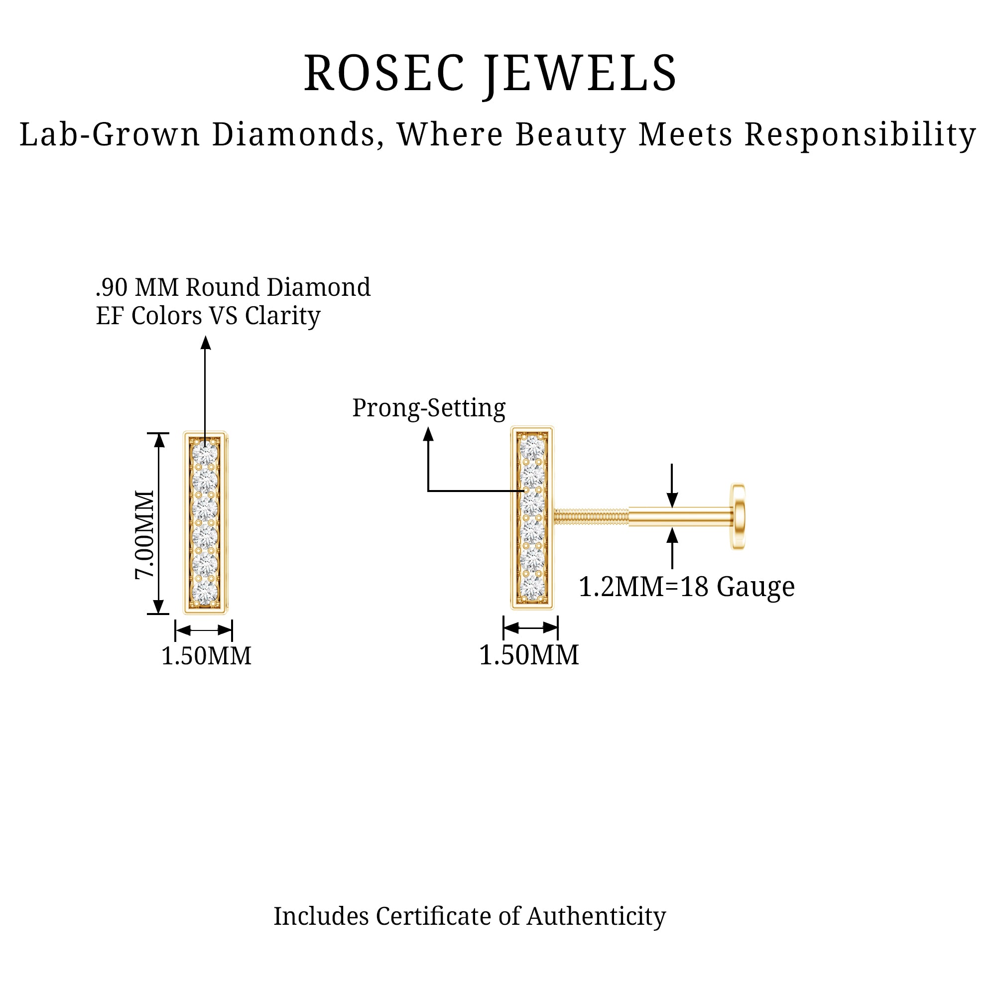 Diamond Bar Earring for Tragus Piercing Lab - ( EF-VS ) - Rosec Jewels