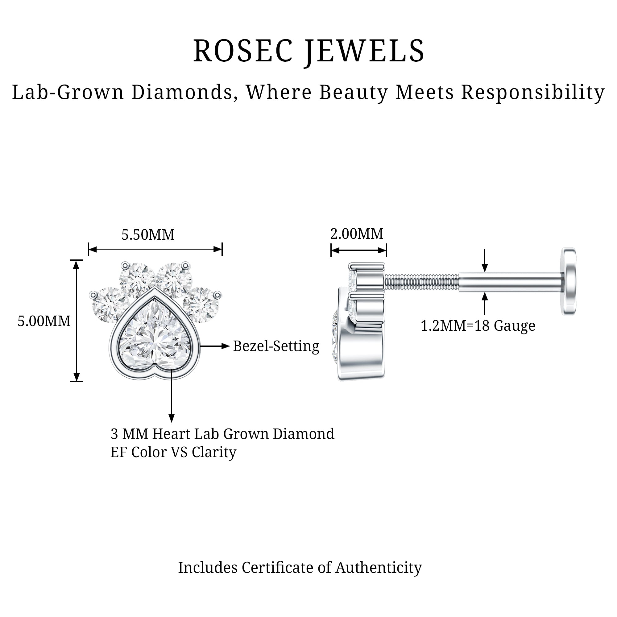 Heart Shape Diamond Dog Paw Print Earring Lab - ( EF-VS ) - Rosec Jewels