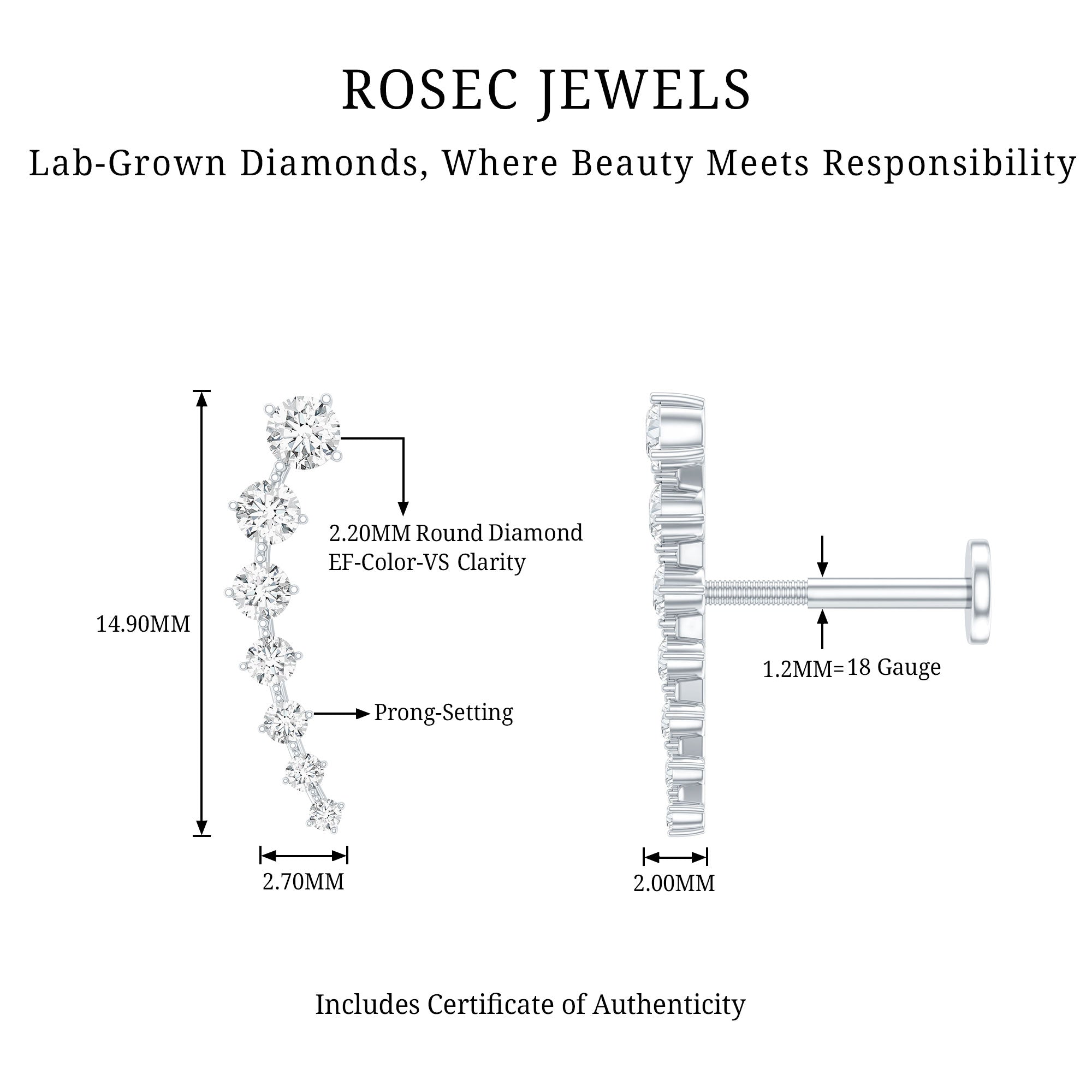Brilliant Cut Diamond Ear Climber Earring for Helix Piercing Lab - ( EF-VS ) - Rosec Jewels