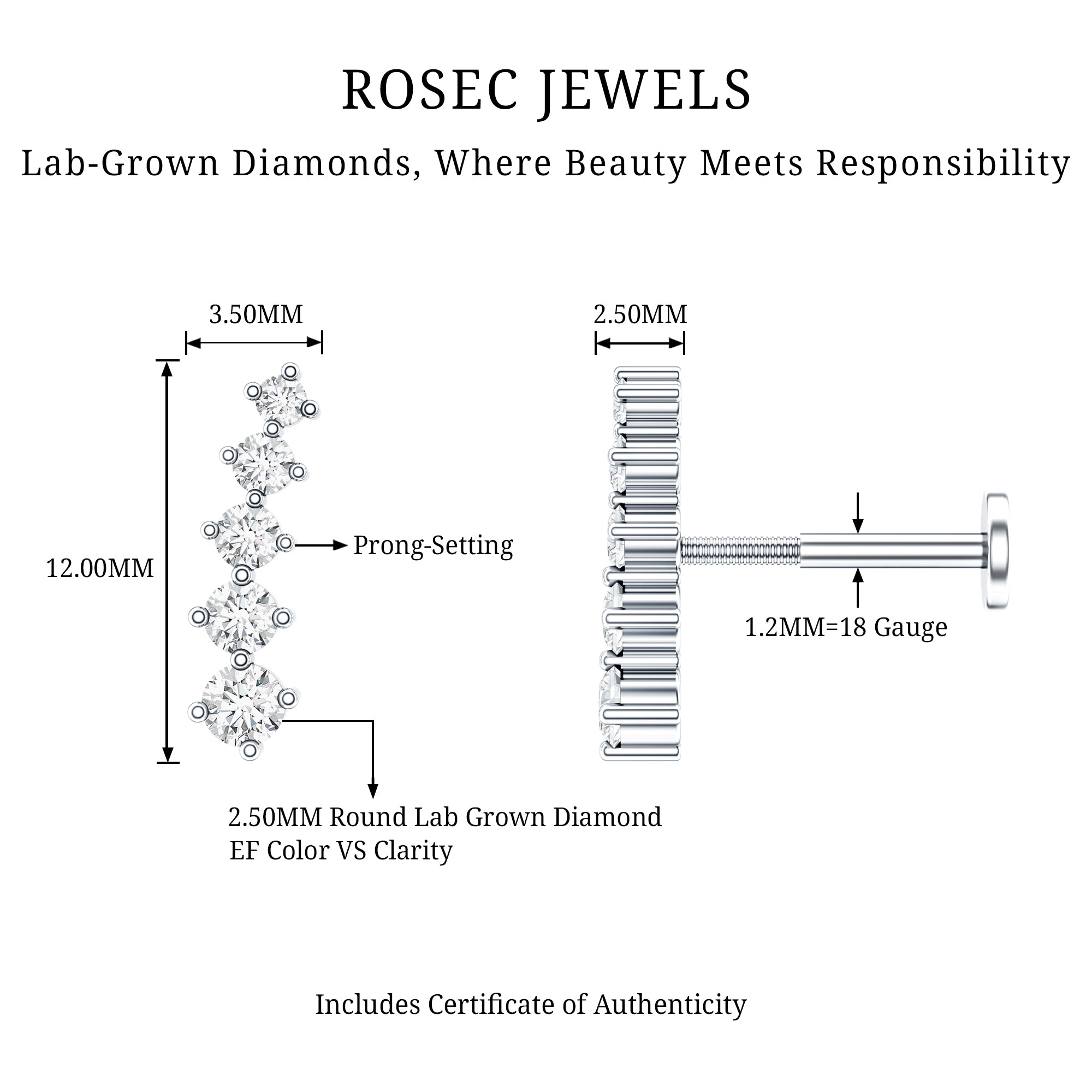 Minimal Graduated Diamond Crawler Earring Lab - ( EF-VS ) - Rosec Jewels