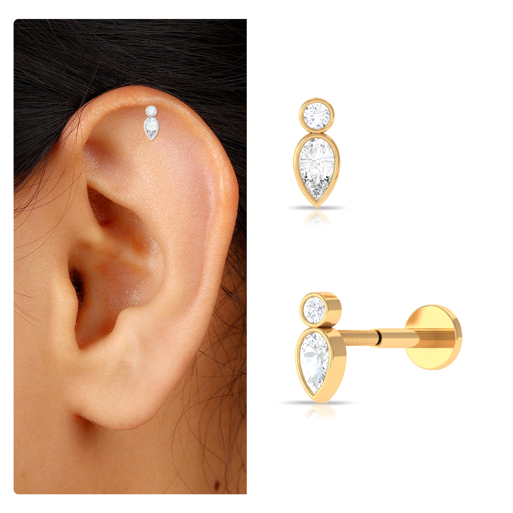 Minimal Pear Diamond Tragus Earring in Bezel Setting Lab - ( EF-VS ) - Rosec Jewels
