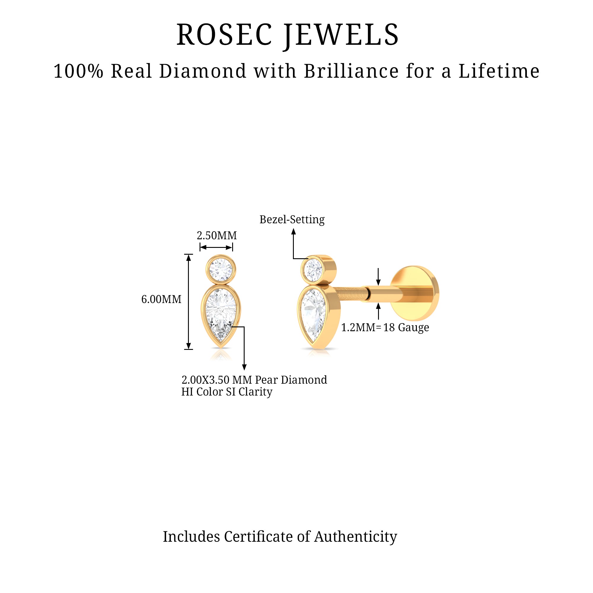 Minimal Pear Diamond Tragus Earring in Bezel Setting Lab - ( EF-VS ) - Rosec Jewels
