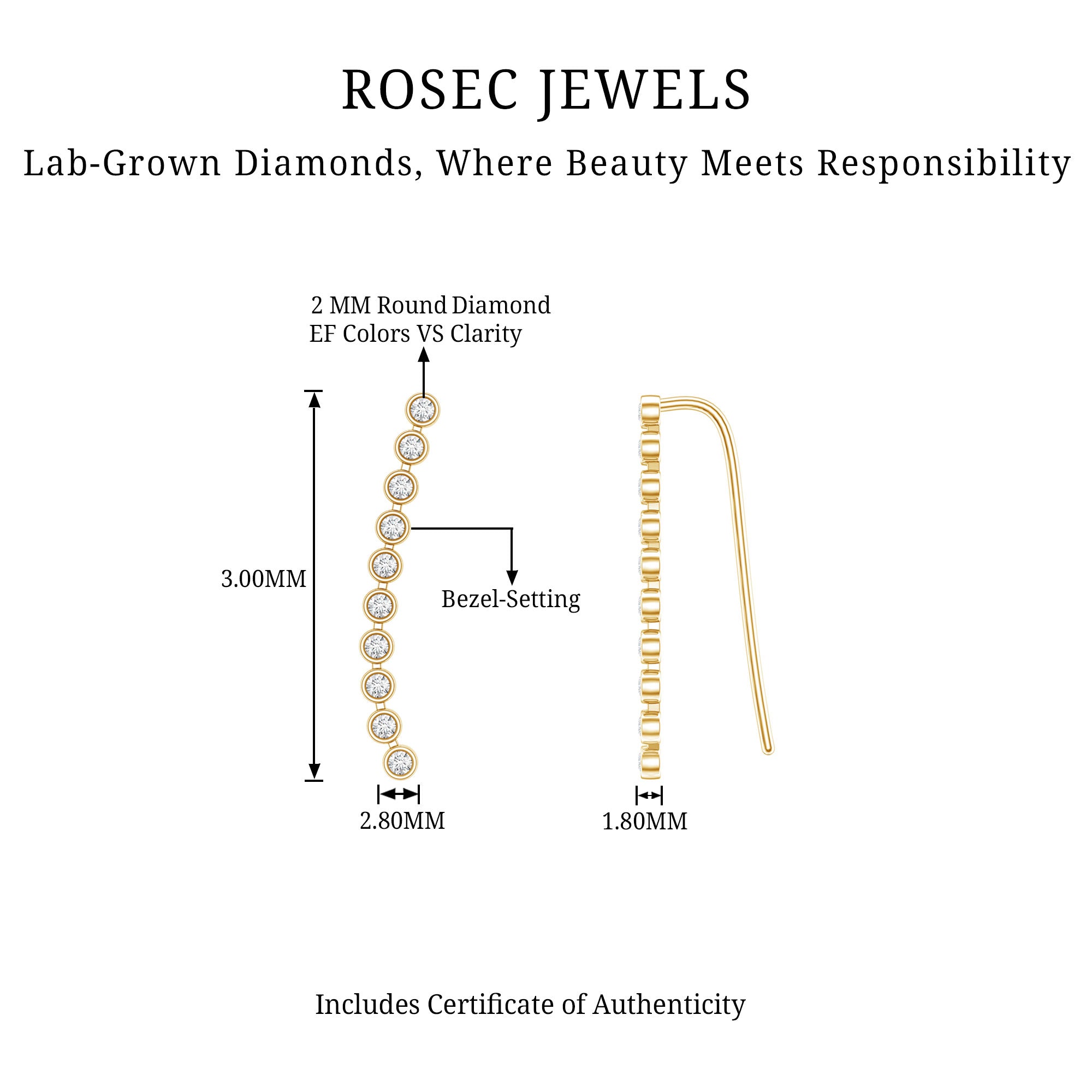 Diamond Ear Climber Earring for Cartilage Piercing Lab - ( EF-VS ) - Rosec Jewels