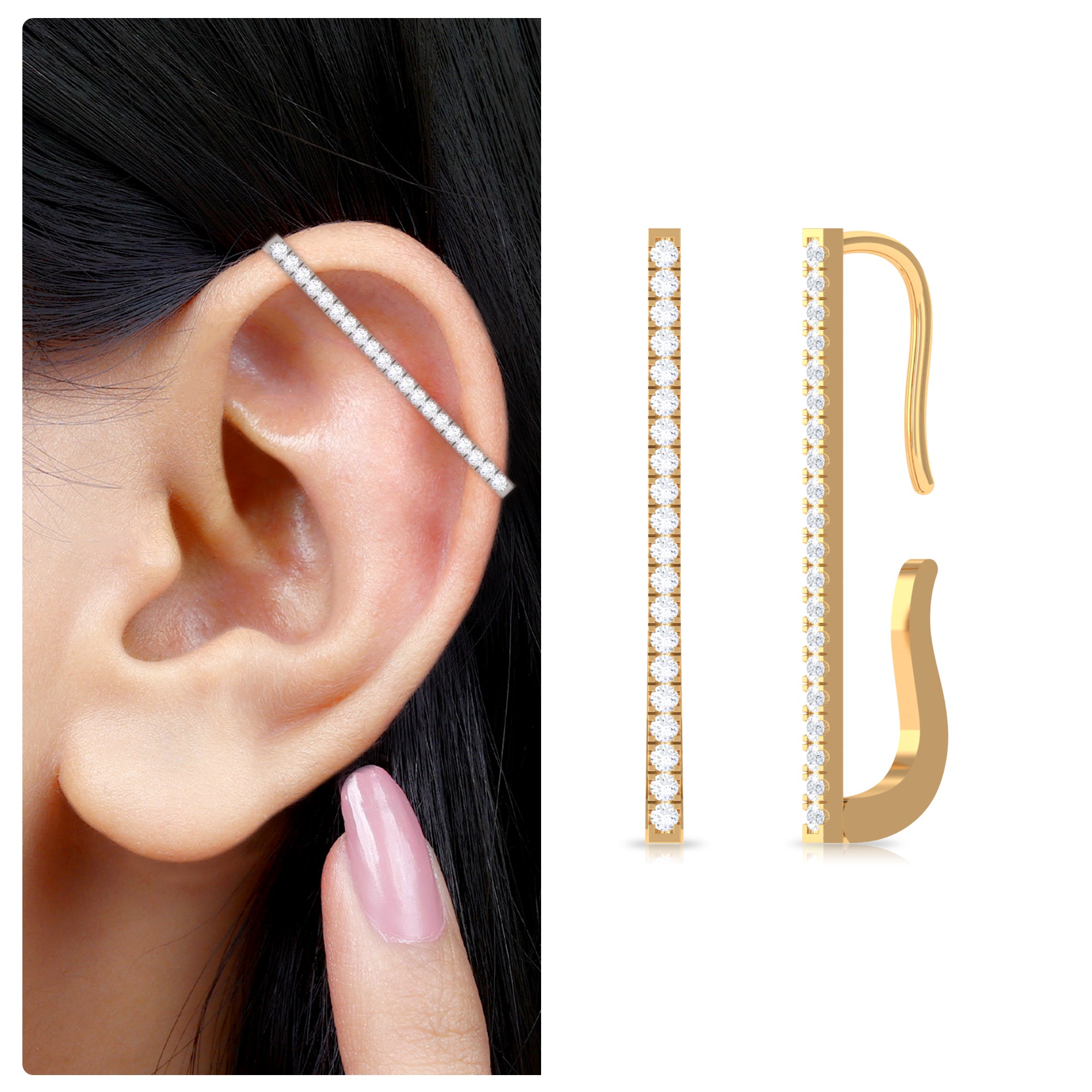 Pave Set Diamond Bar Ear Cuff No Piercing Lab - ( EF-VS ) - Rosec Jewels