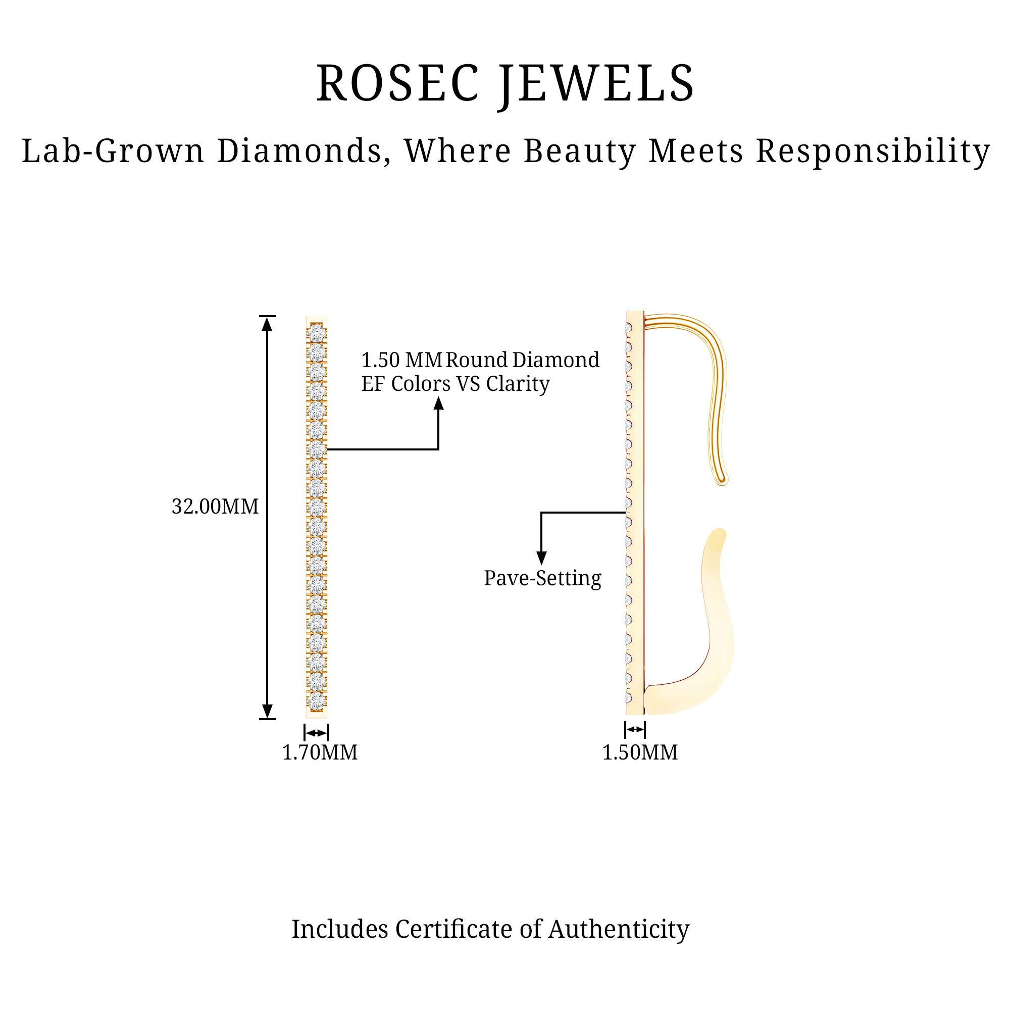 Pave Set Diamond Bar Ear Cuff No Piercing Lab - ( EF-VS ) - Rosec Jewels