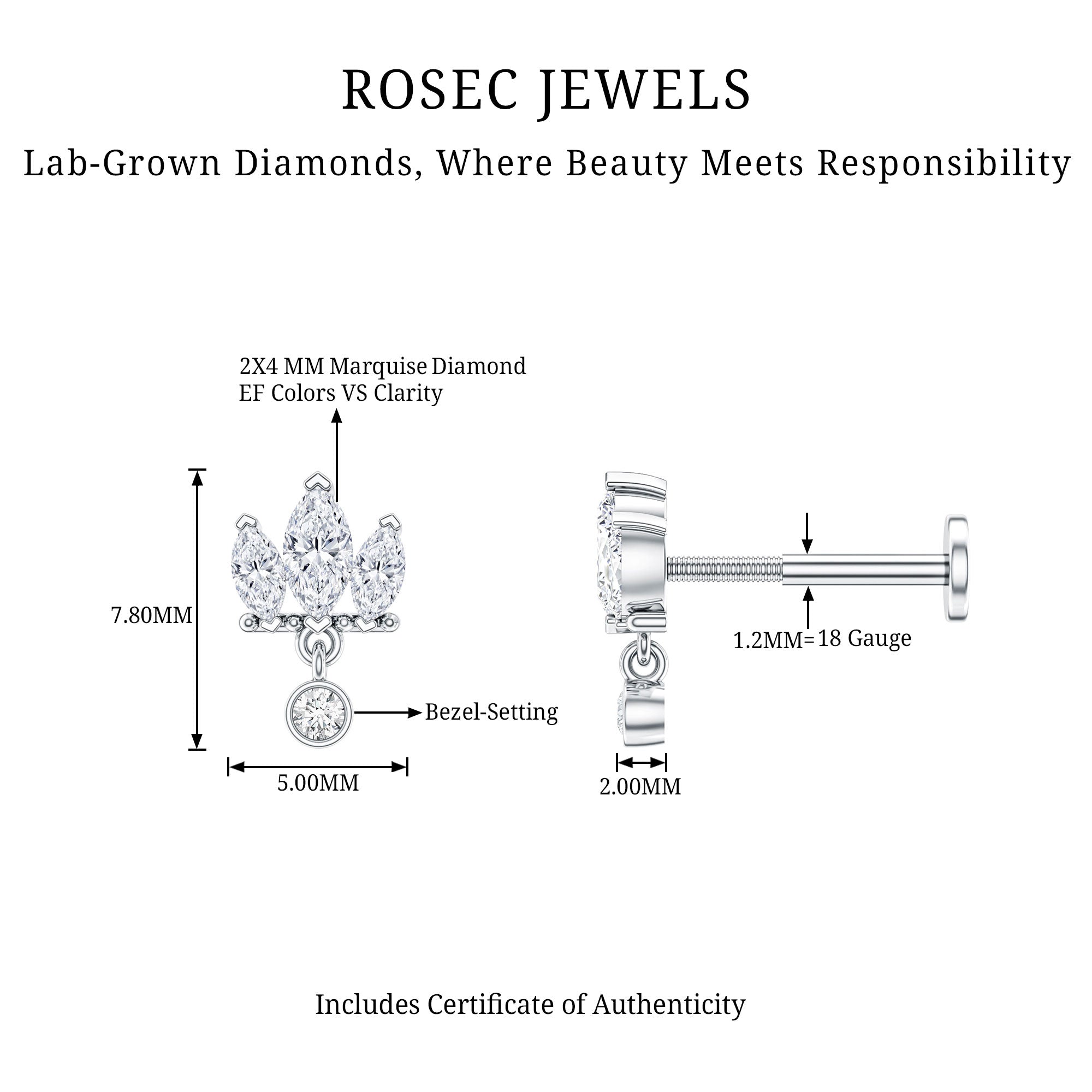 Three Marquise Shape Diamond Helix Drop Earring Lab - ( EF-VS ) - Rosec Jewels