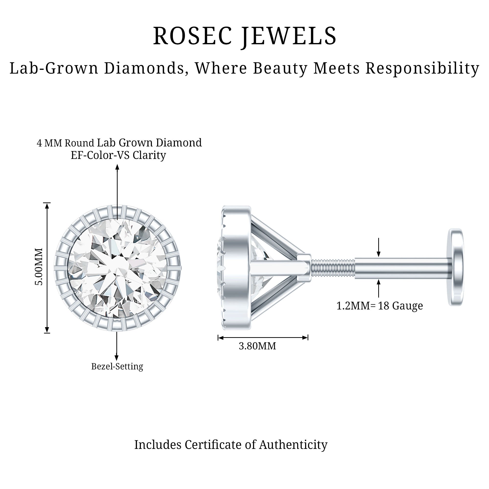 Bezel Set Diamond Solitaire Stud Earring for Helix Piercing Lab - ( EF-VS ) - Rosec Jewels