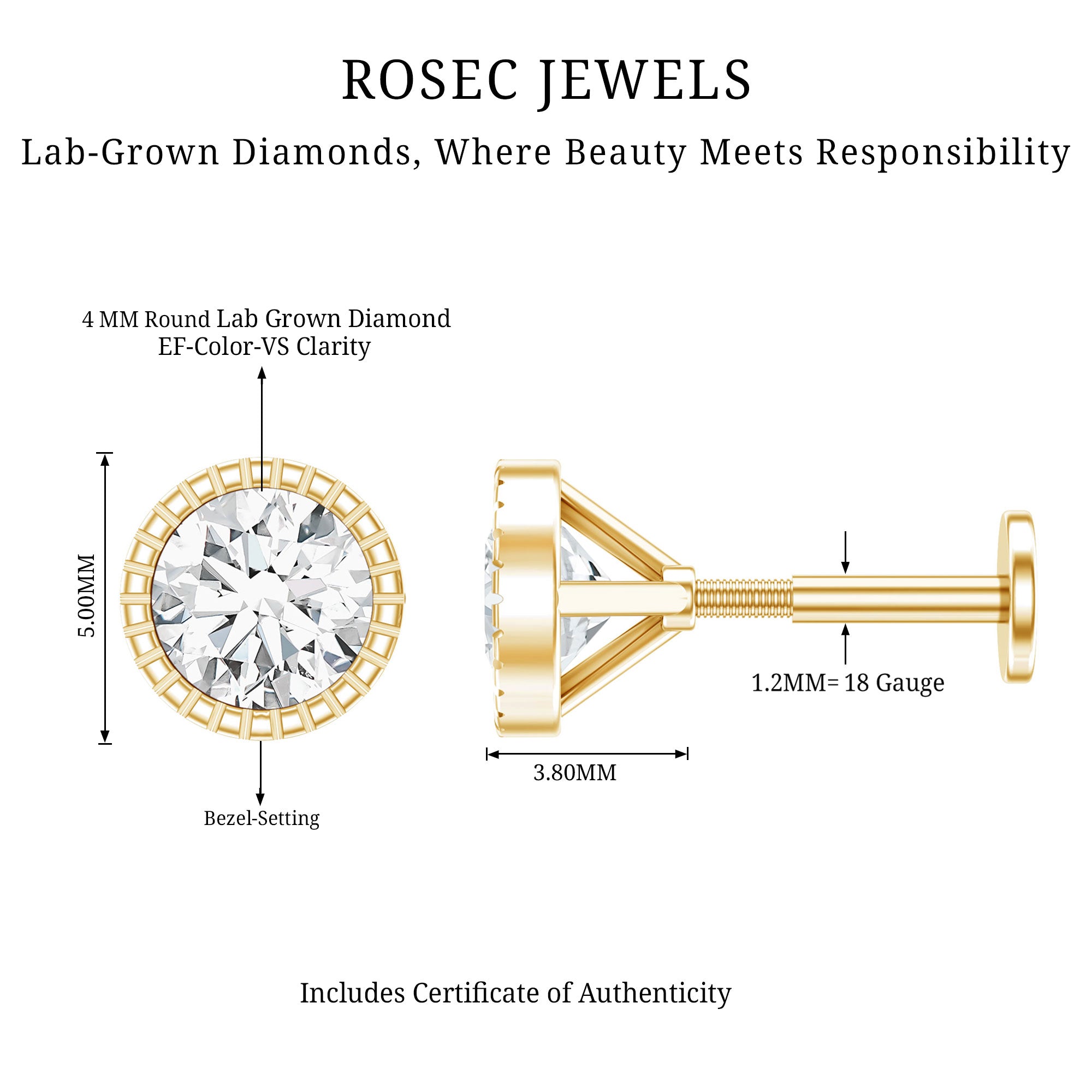 Bezel Set Diamond Solitaire Stud Earring for Helix Piercing Lab - ( EF-VS ) - Rosec Jewels
