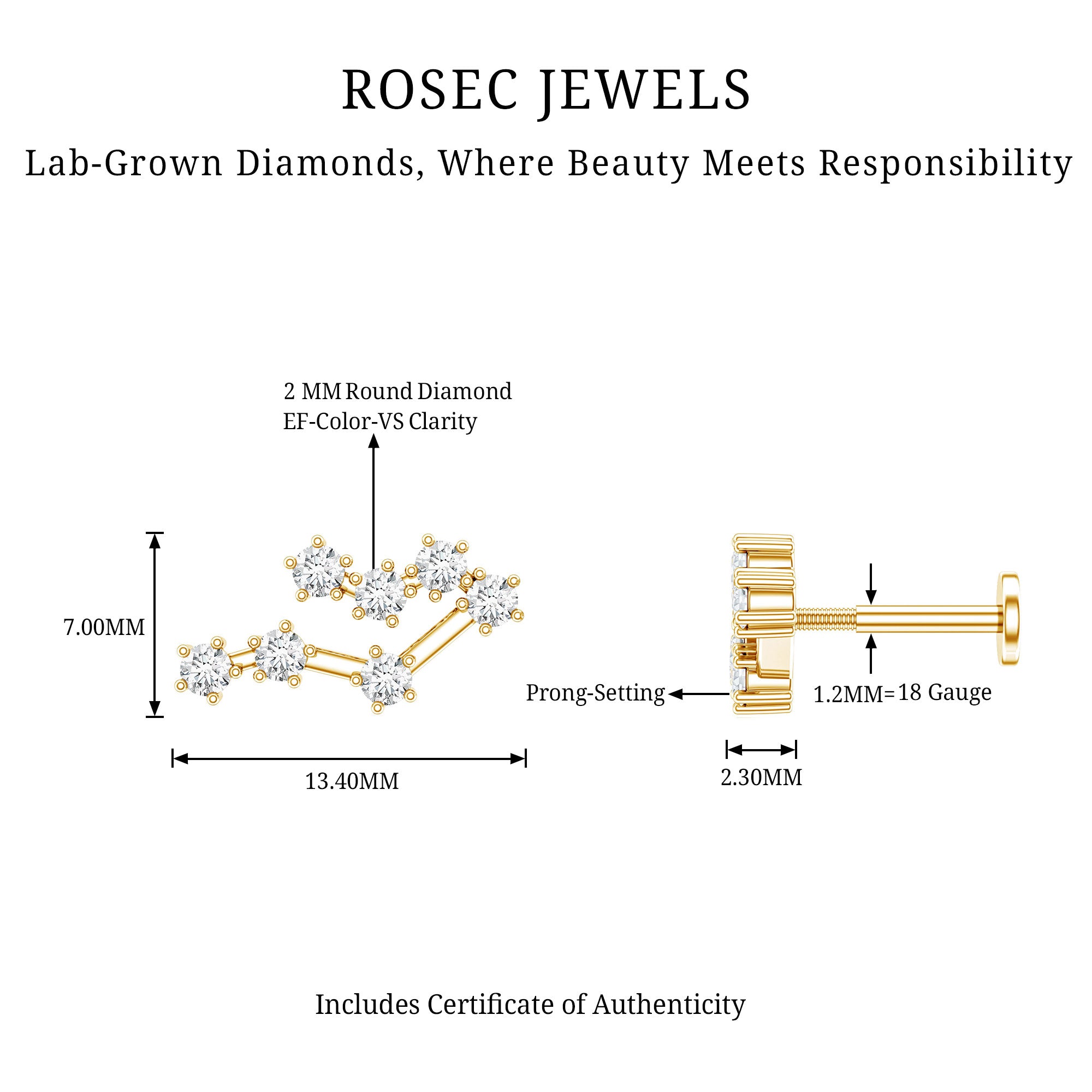 Round Diamond Gemini Zodiac Cartilage Earring Lab - ( EF-VS ) - Rosec Jewels