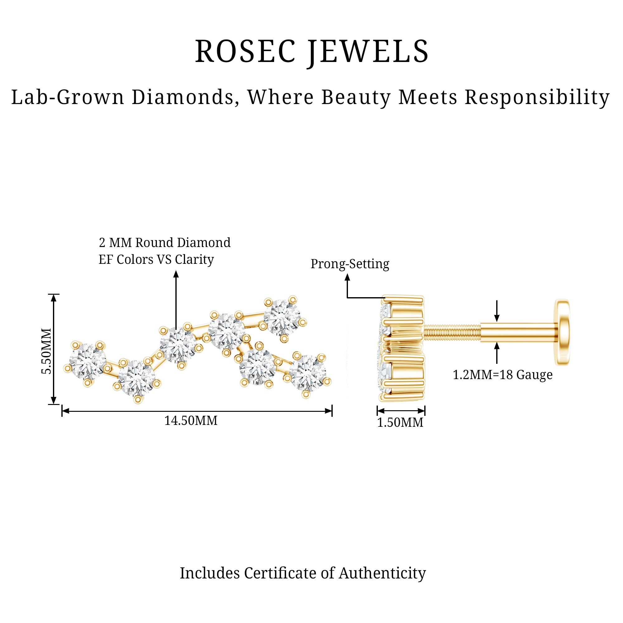 Diamond Virgo Constellation Earring for Cartilage Piercing Lab - ( EF-VS ) - Rosec Jewels