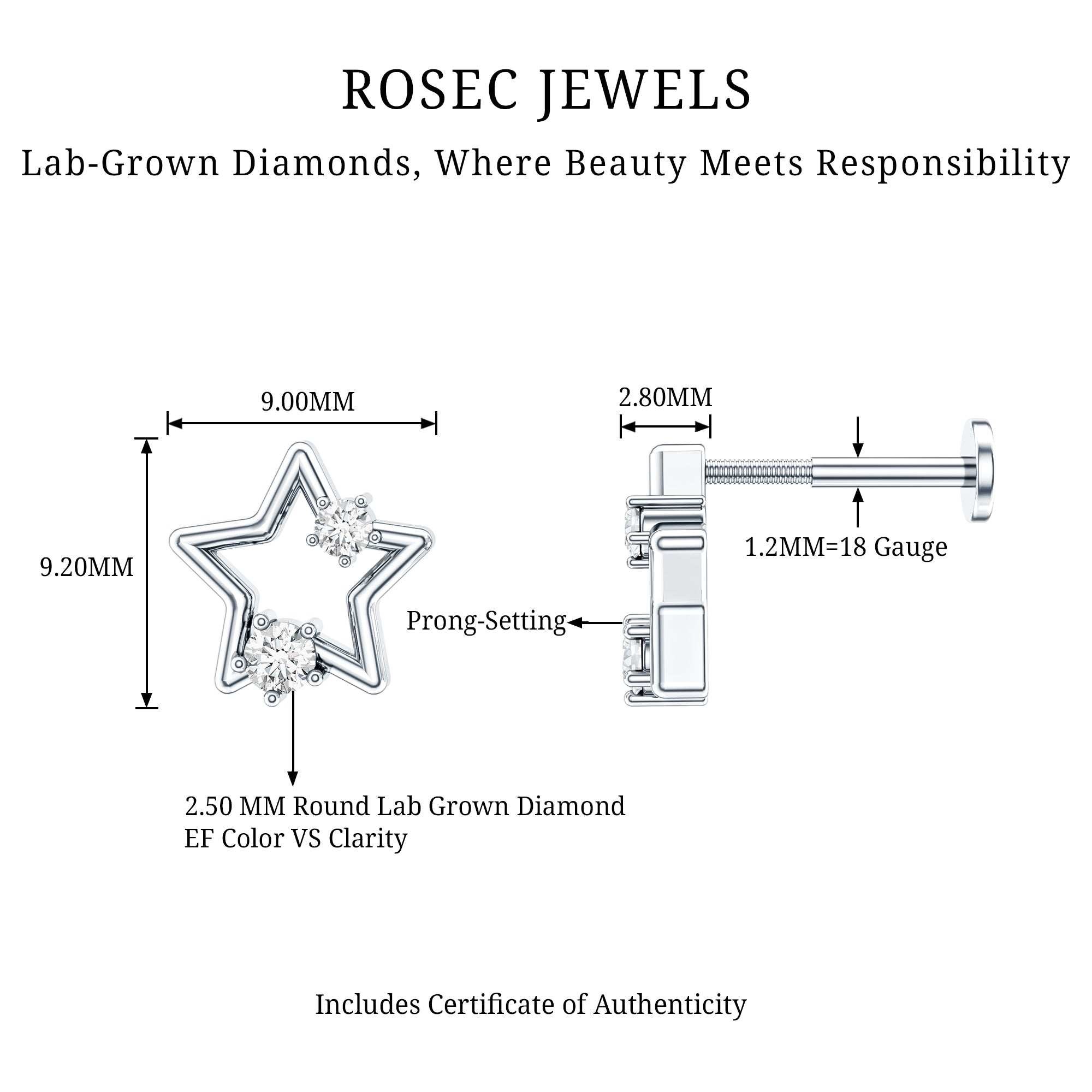 Certified Diamond Star Earring for Upper Lobe Piercing Lab - ( EF-VS ) - Rosec Jewels