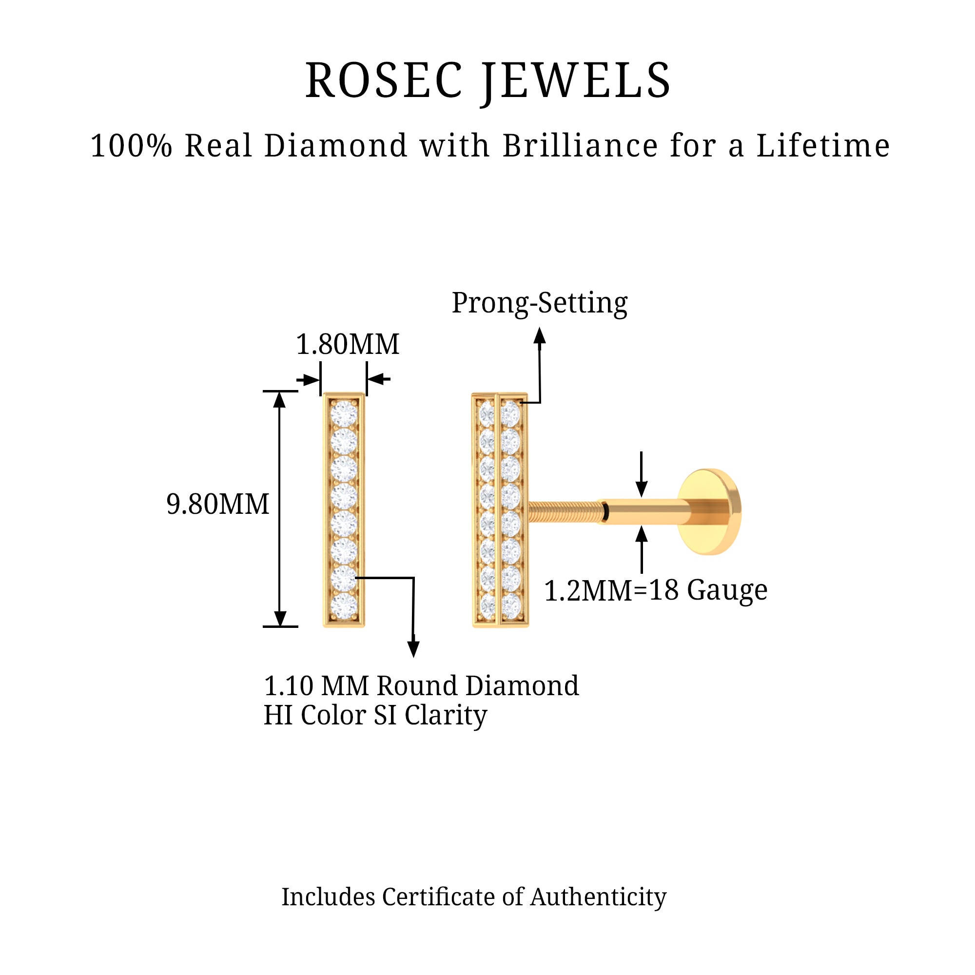 Rosec Jewels-Minimalist Diamond Bar Earring for Helix Piercing