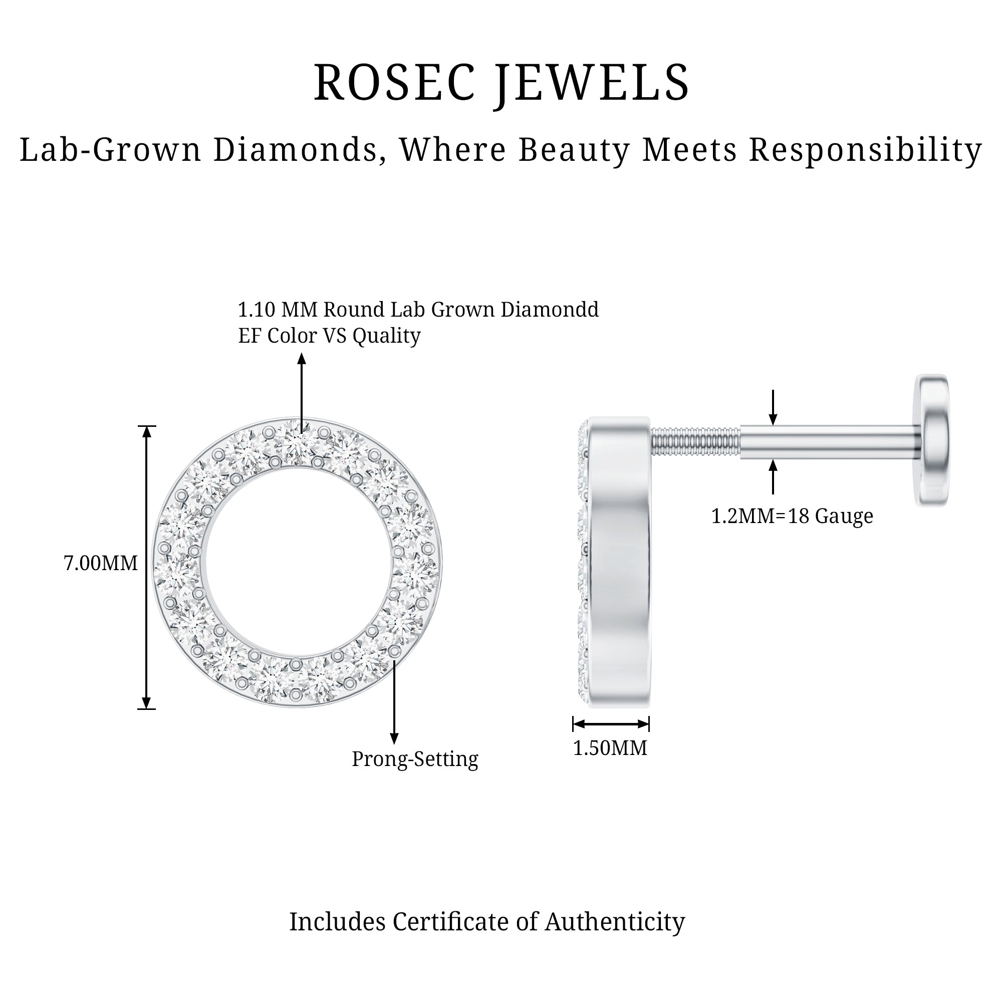 Simple Diamond Open Circle Earring with Flat Back Lab - ( EF-VS ) - Rosec Jewels