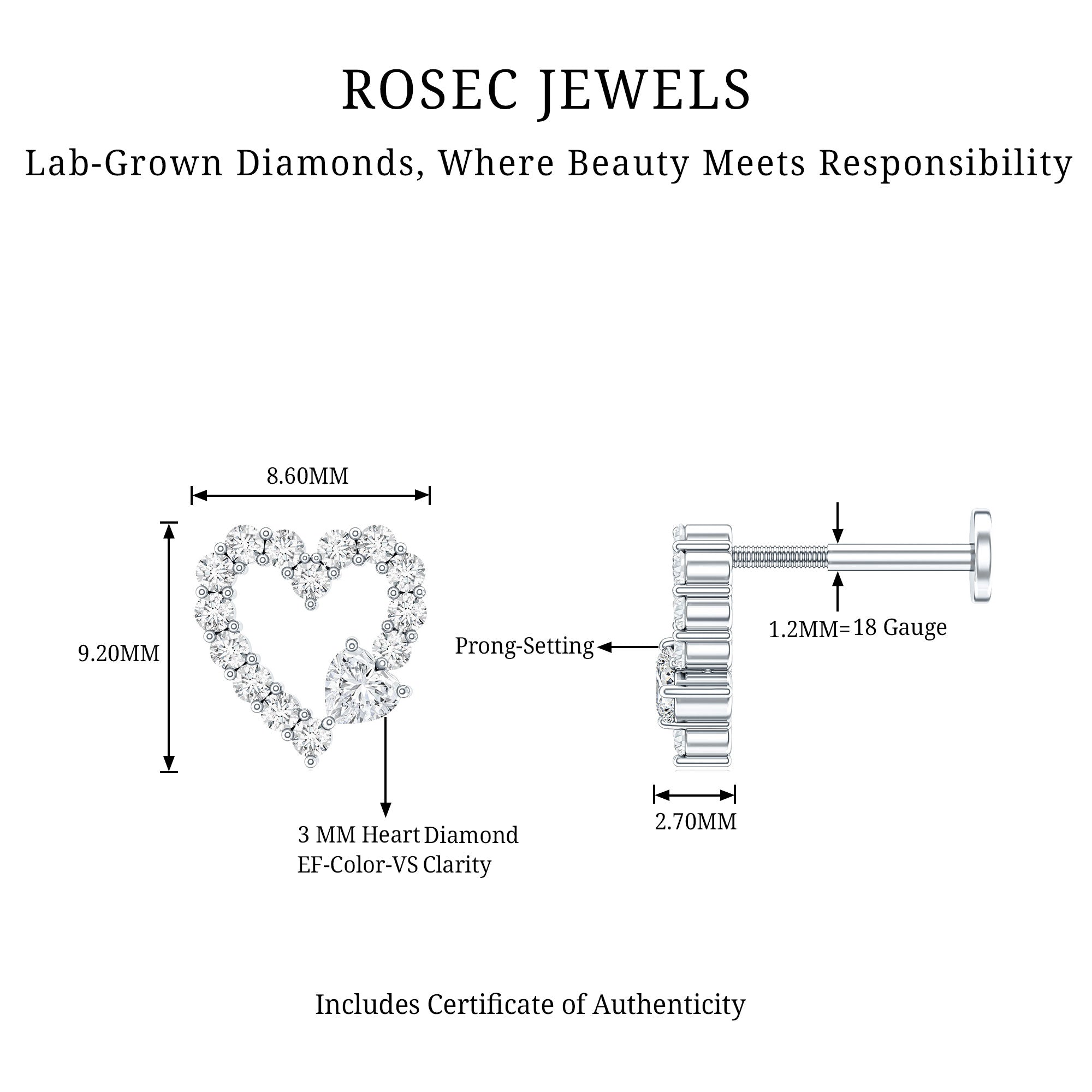 Diamond Heart Shape Cartilage Earring Lab - ( EF-VS ) - Rosec Jewels