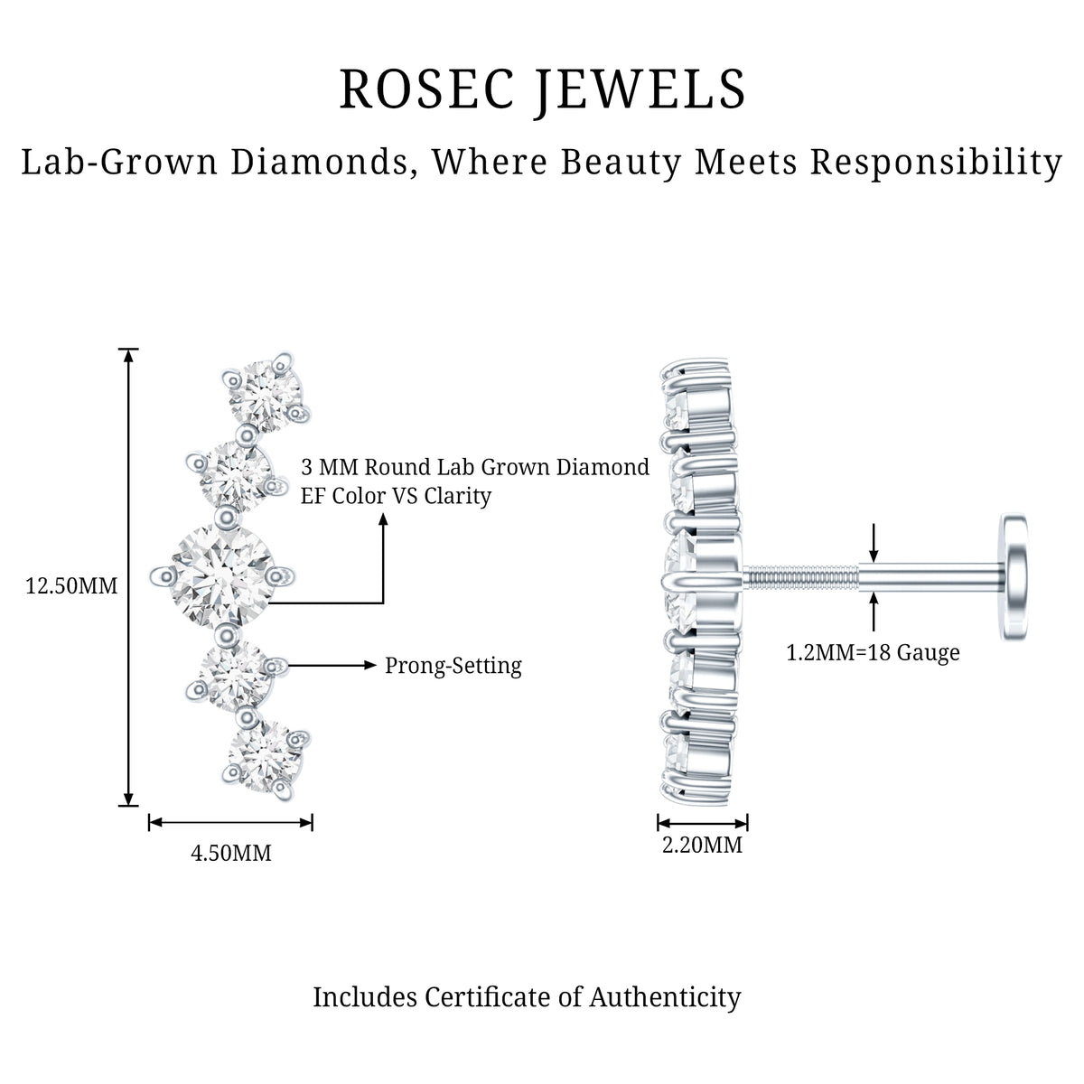 Graduated Style Diamond Crawler Earring for Women Lab - ( EF-VS ) - Rosec Jewels