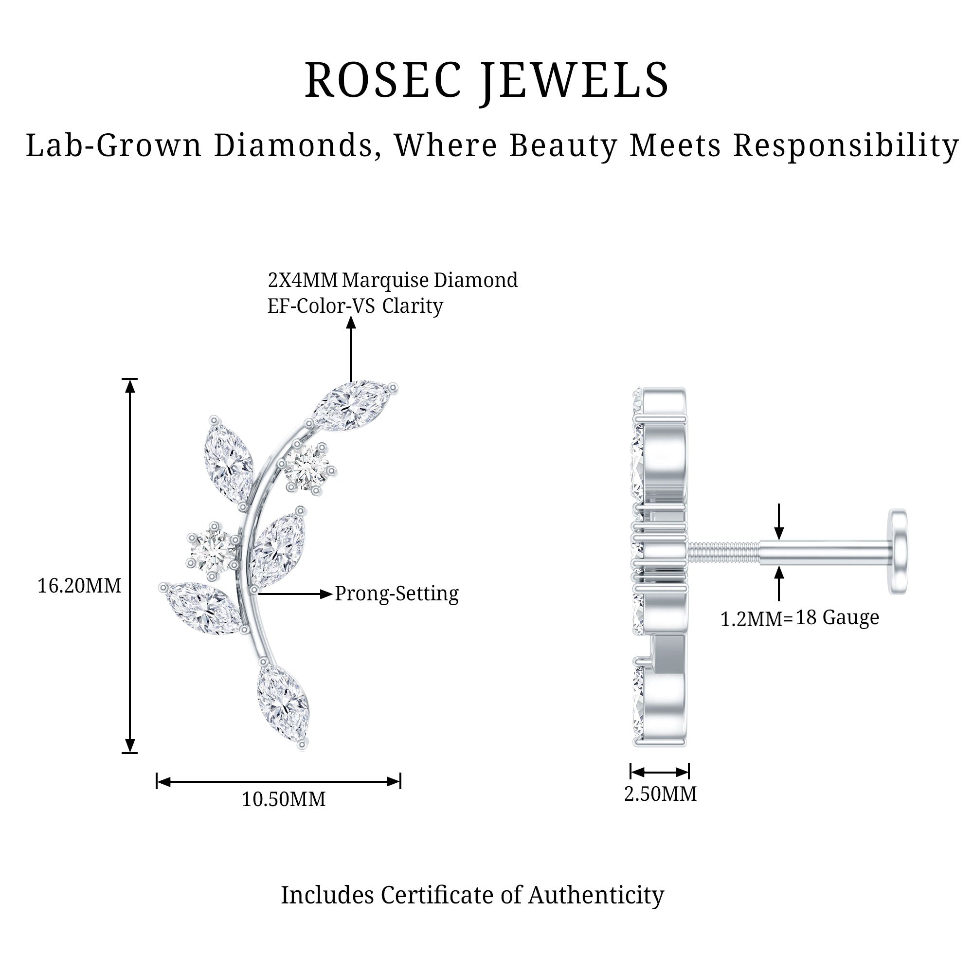 Womens Marquise Diamond Leaf Crawler Earring Lab - ( EF-VS ) - Rosec Jewels