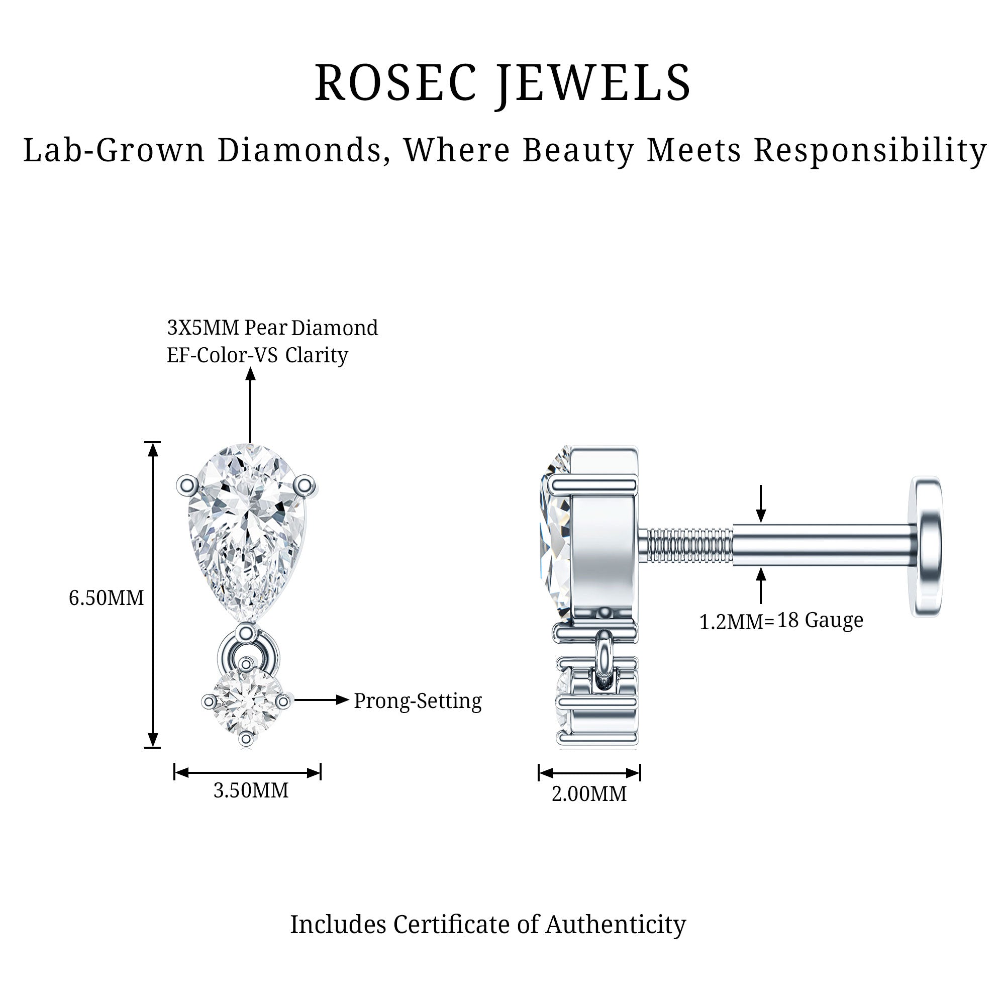 Pear Diamond Drop Earring for Helix Piercing Lab - ( EF-VS ) - Rosec Jewels
