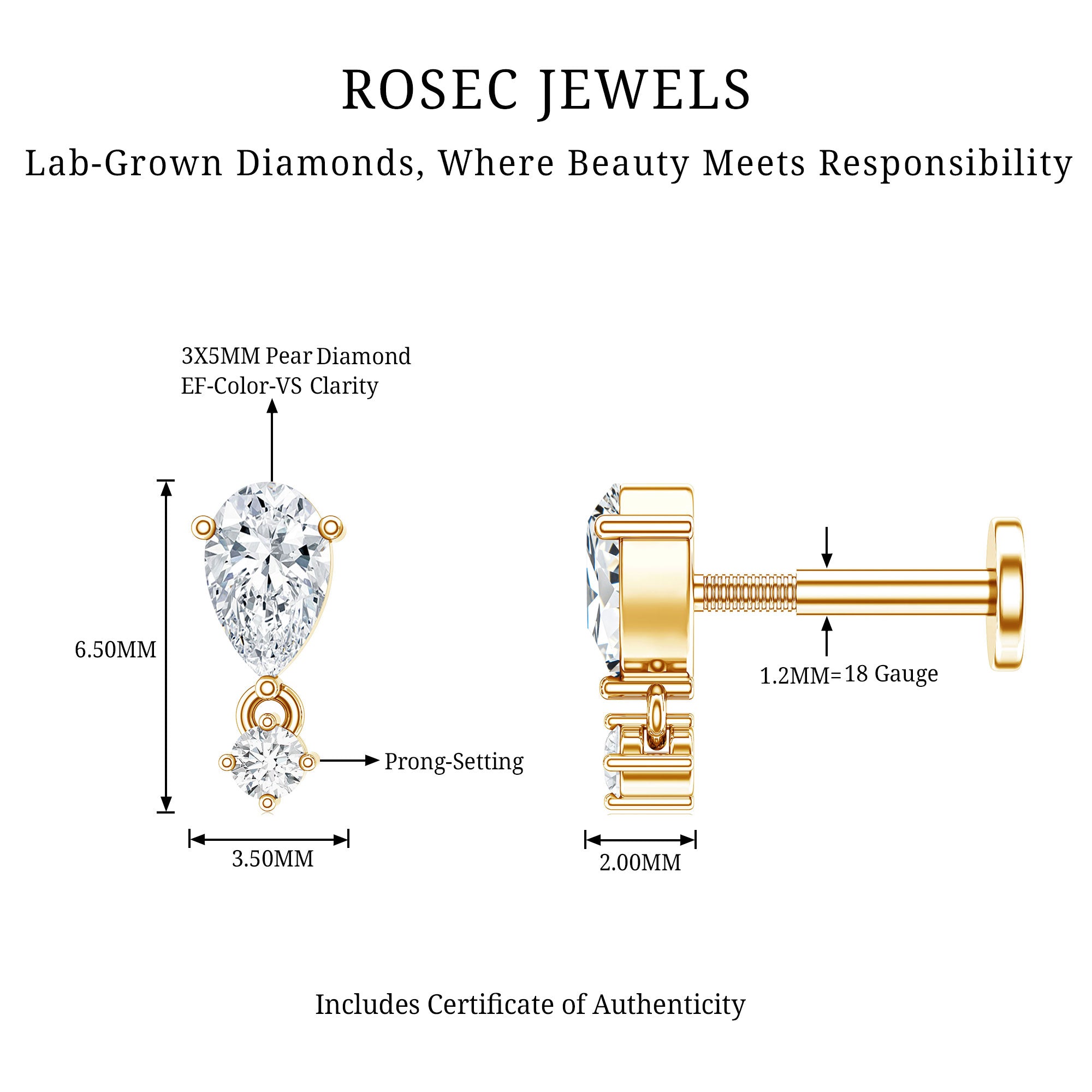 Pear Diamond Drop Earring for Helix Piercing Lab - ( EF-VS ) - Rosec Jewels