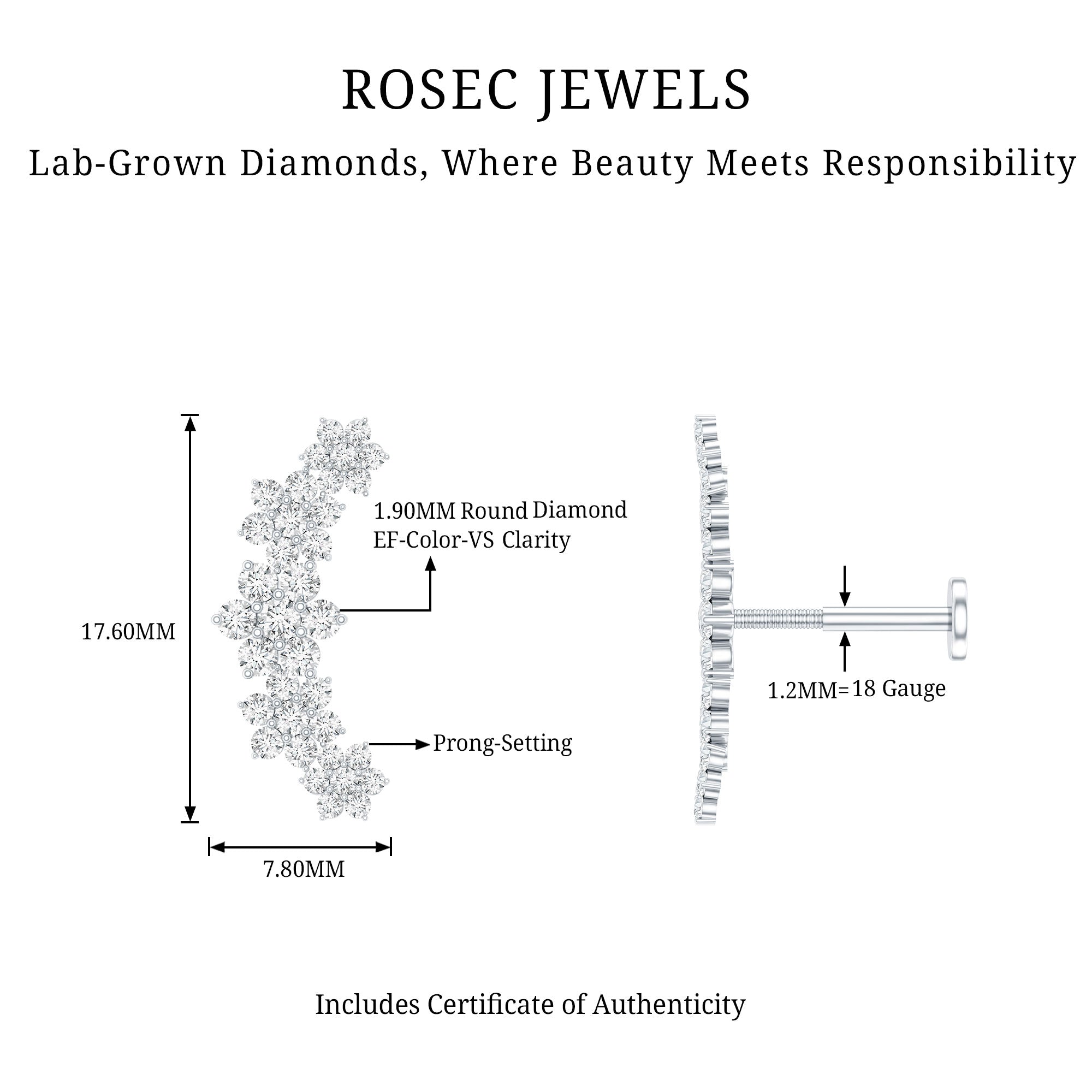 Diamond Flower Ear Crawler Earring Lab - ( EF-VS ) - Rosec Jewels