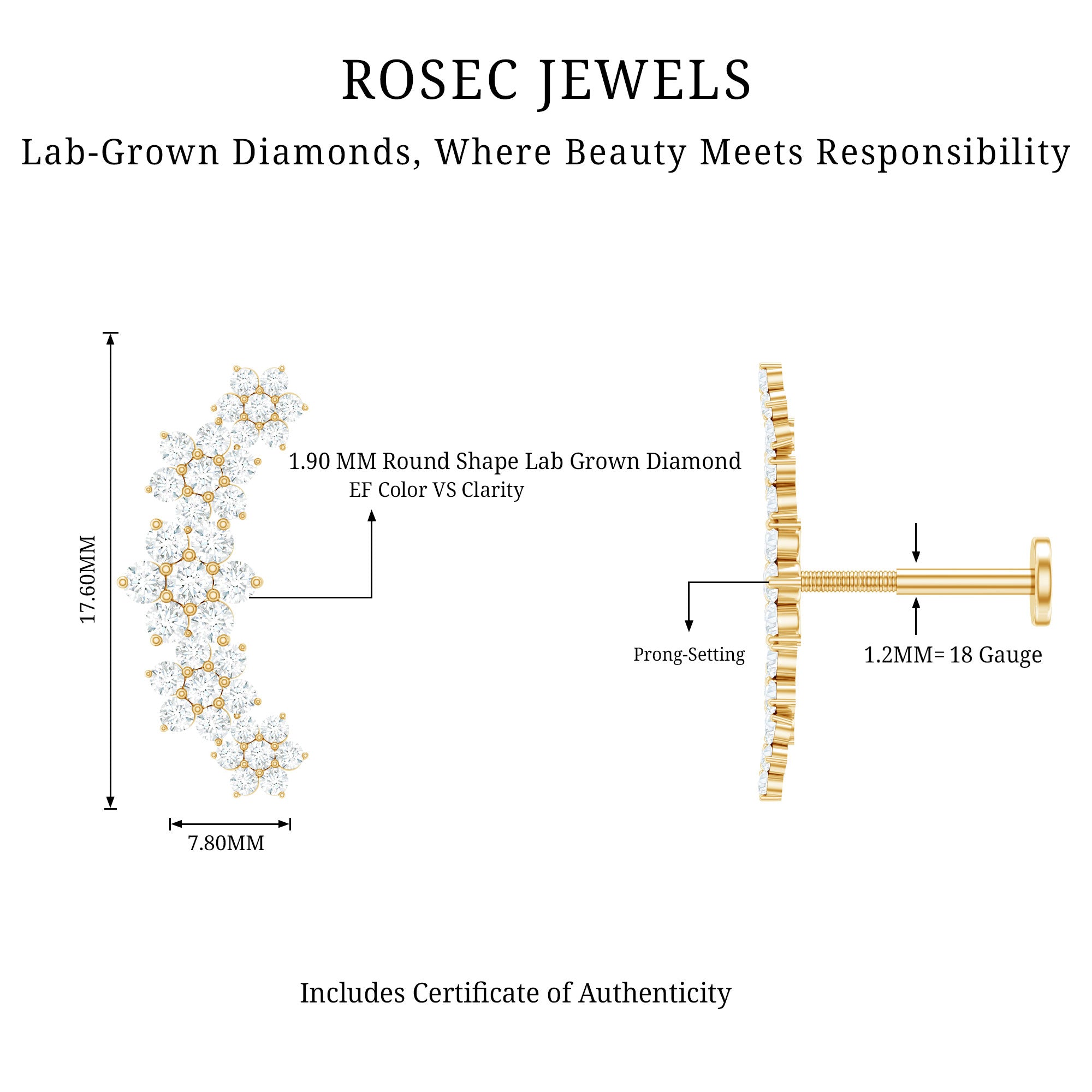 Diamond Flower Ear Crawler Earring Lab - ( EF-VS ) - Rosec Jewels