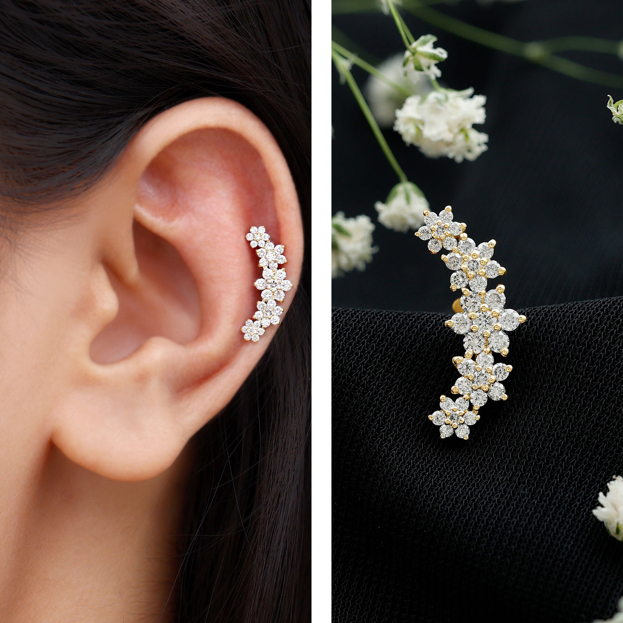 Diamond Flower Ear Crawler Earring Lab - ( EF-VS ) - Rosec Jewels