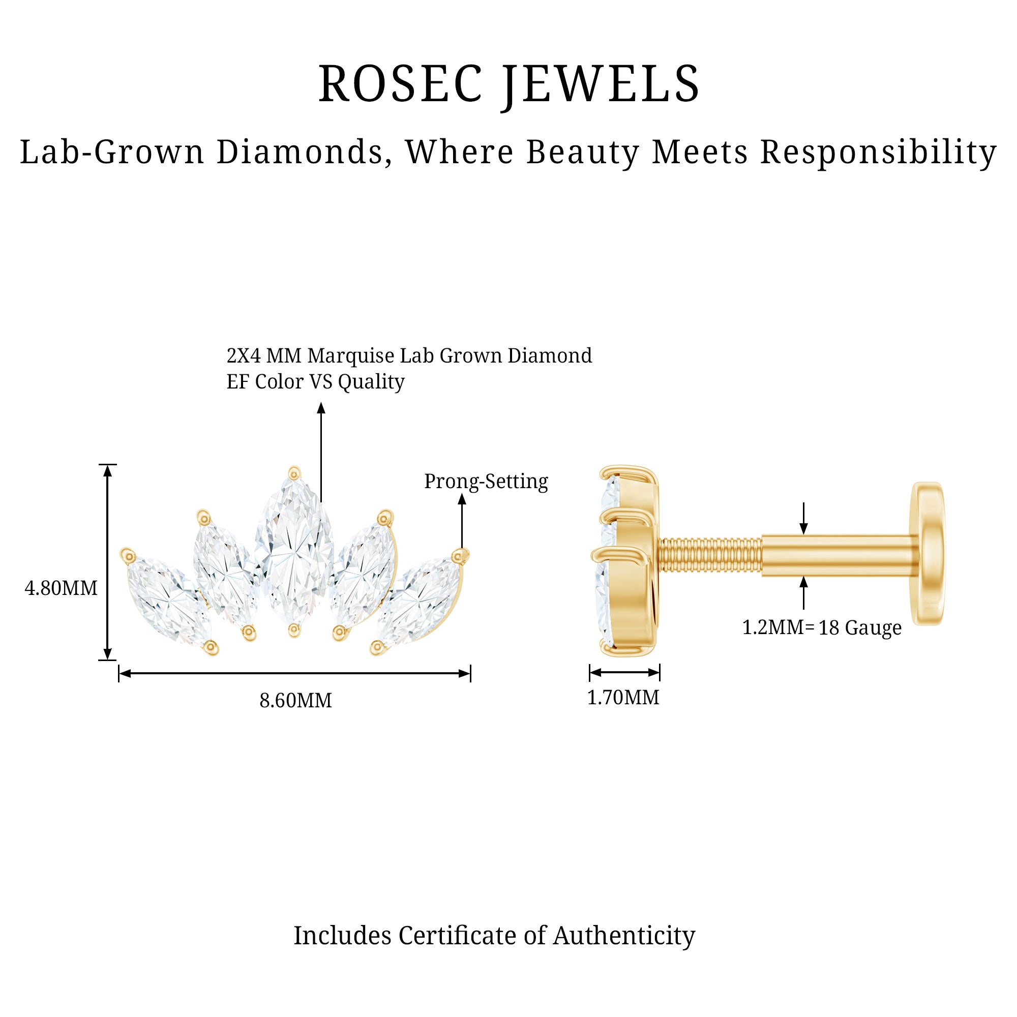 Certified Marquise Cut Diamond Helix Earring for Women Lab - ( EF-VS ) - Rosec Jewels