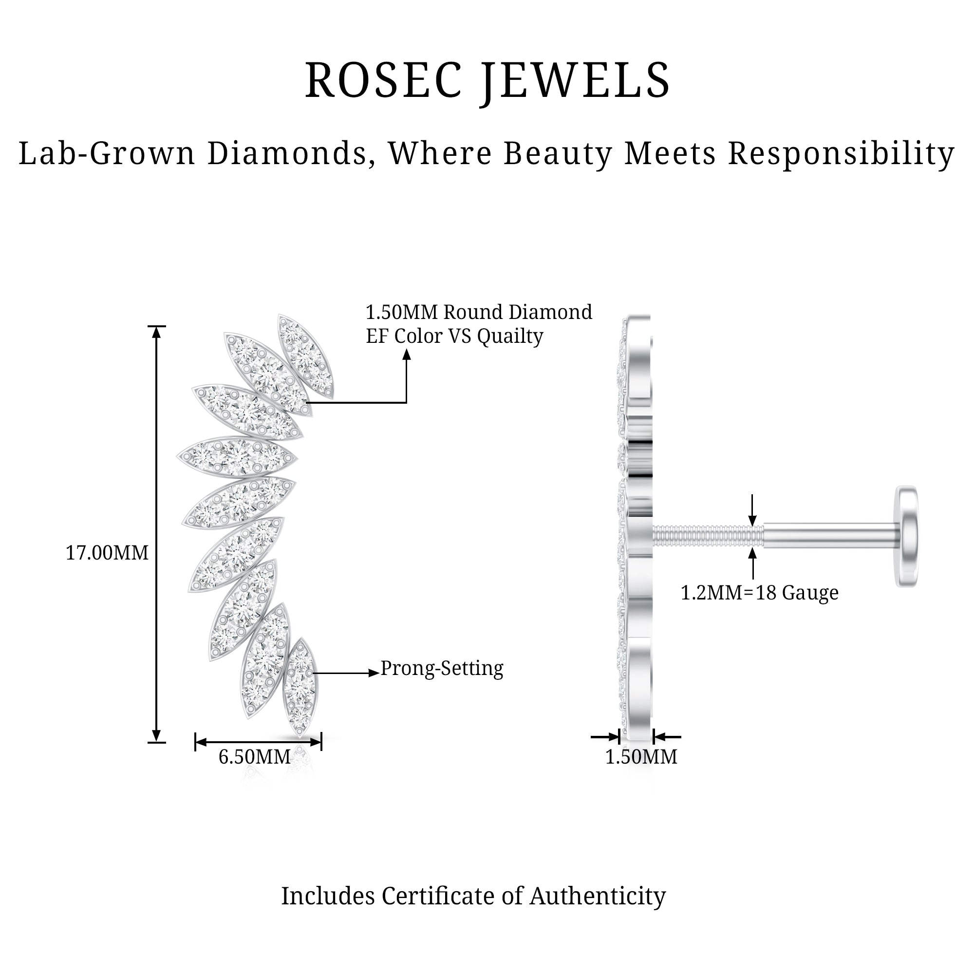 Diamond Wing Crawler Earring for Helix Piercing Lab - ( EF-VS ) - Rosec Jewels