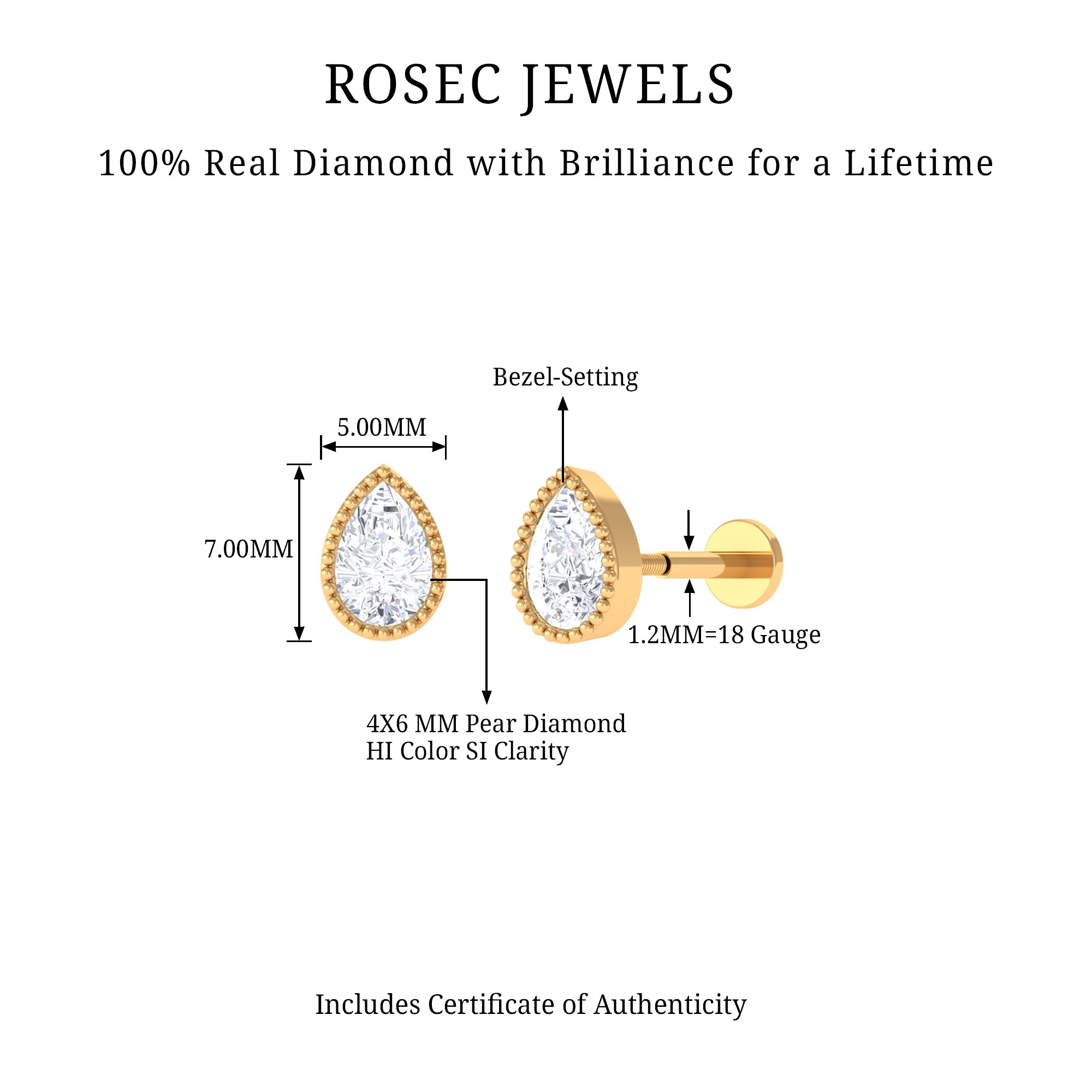 Solitaire Diamond Teardrop Stud Earring for Helix Piercing Lab - ( EF-VS ) - Rosec Jewels