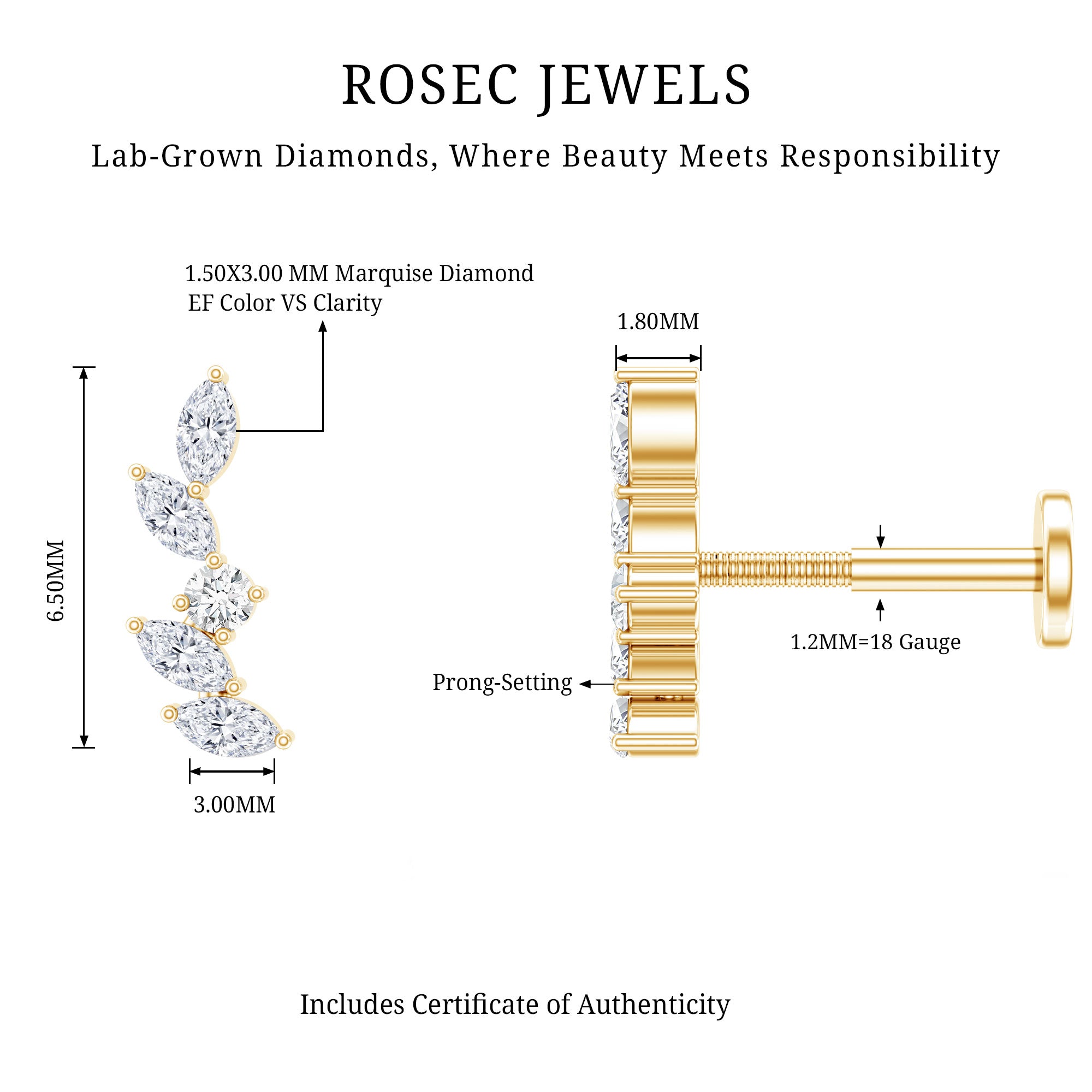 Marquise Shape Diamond Leaf Crawler Helix Earring Lab - ( EF-VS ) - Rosec Jewels