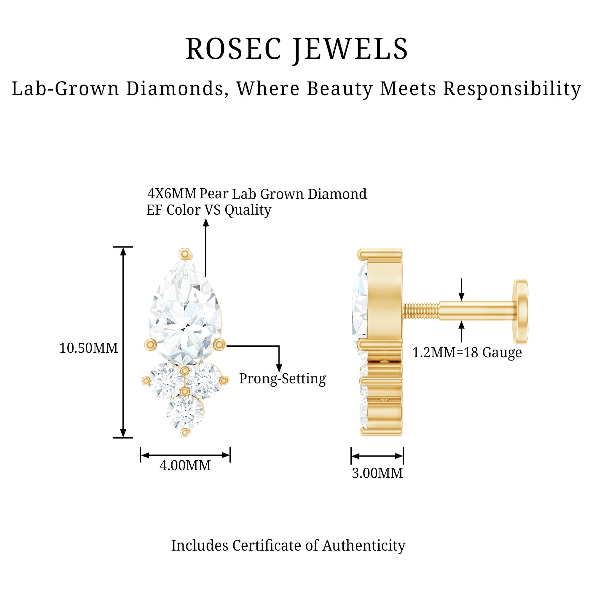 Pear and Round Diamond Earring for Helix Piercing Lab - ( EF-VS ) - Rosec Jewels
