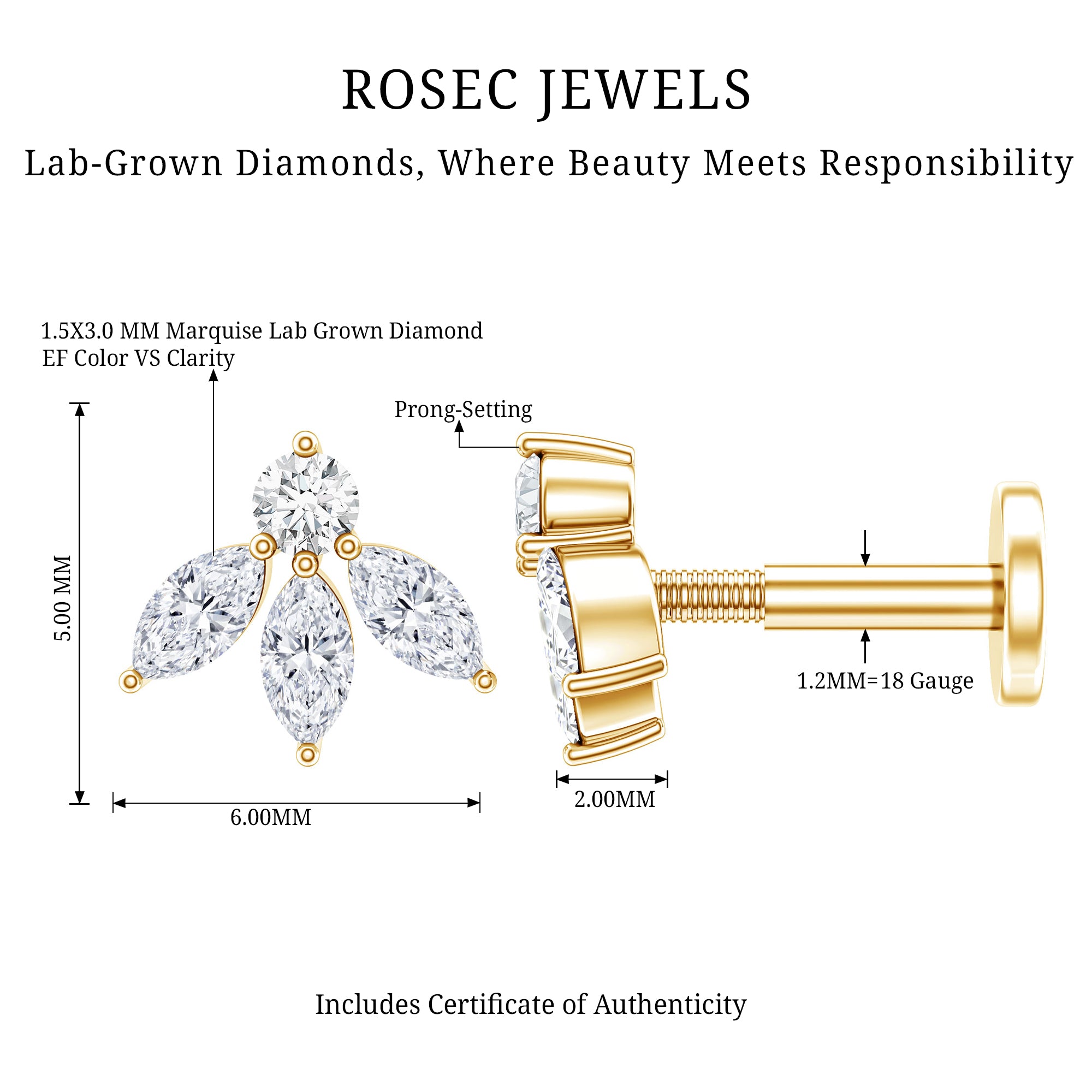 Marquise Shape Diamond Leaf Earring for Helix Piercing Lab - ( EF-VS ) - Rosec Jewels