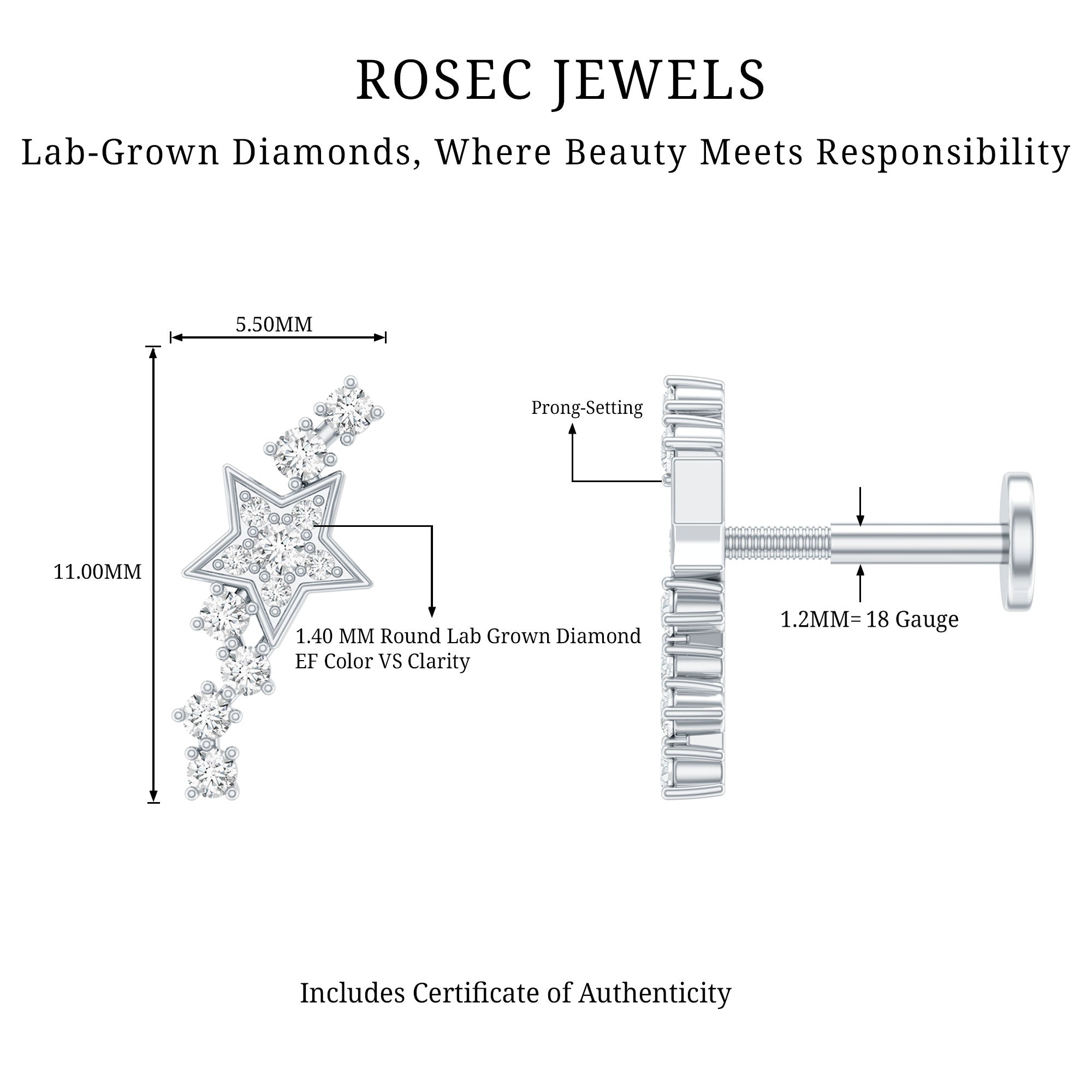 Certified Diamond Star Crawler Earring for Helix Piercing Lab - ( EF-VS ) - Rosec Jewels