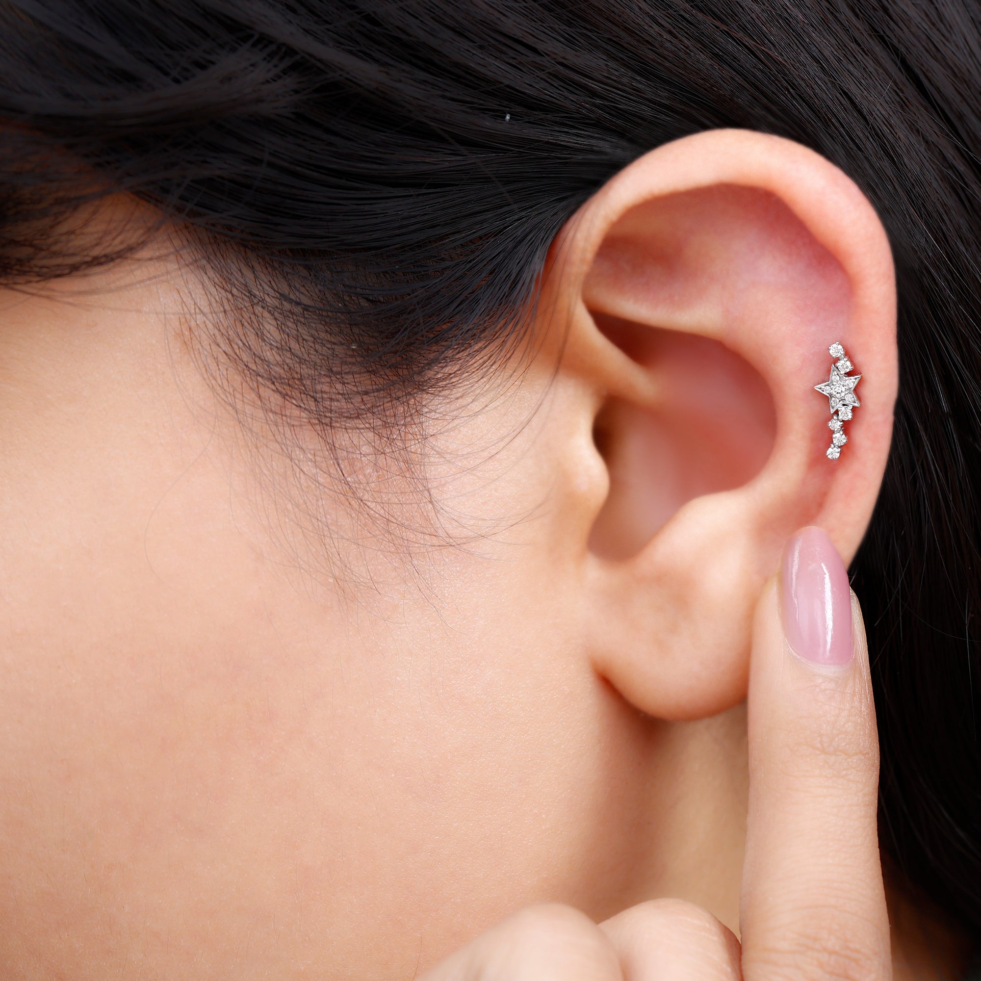 Certified Diamond Star Crawler Earring for Helix Piercing Lab - ( EF-VS ) - Rosec Jewels