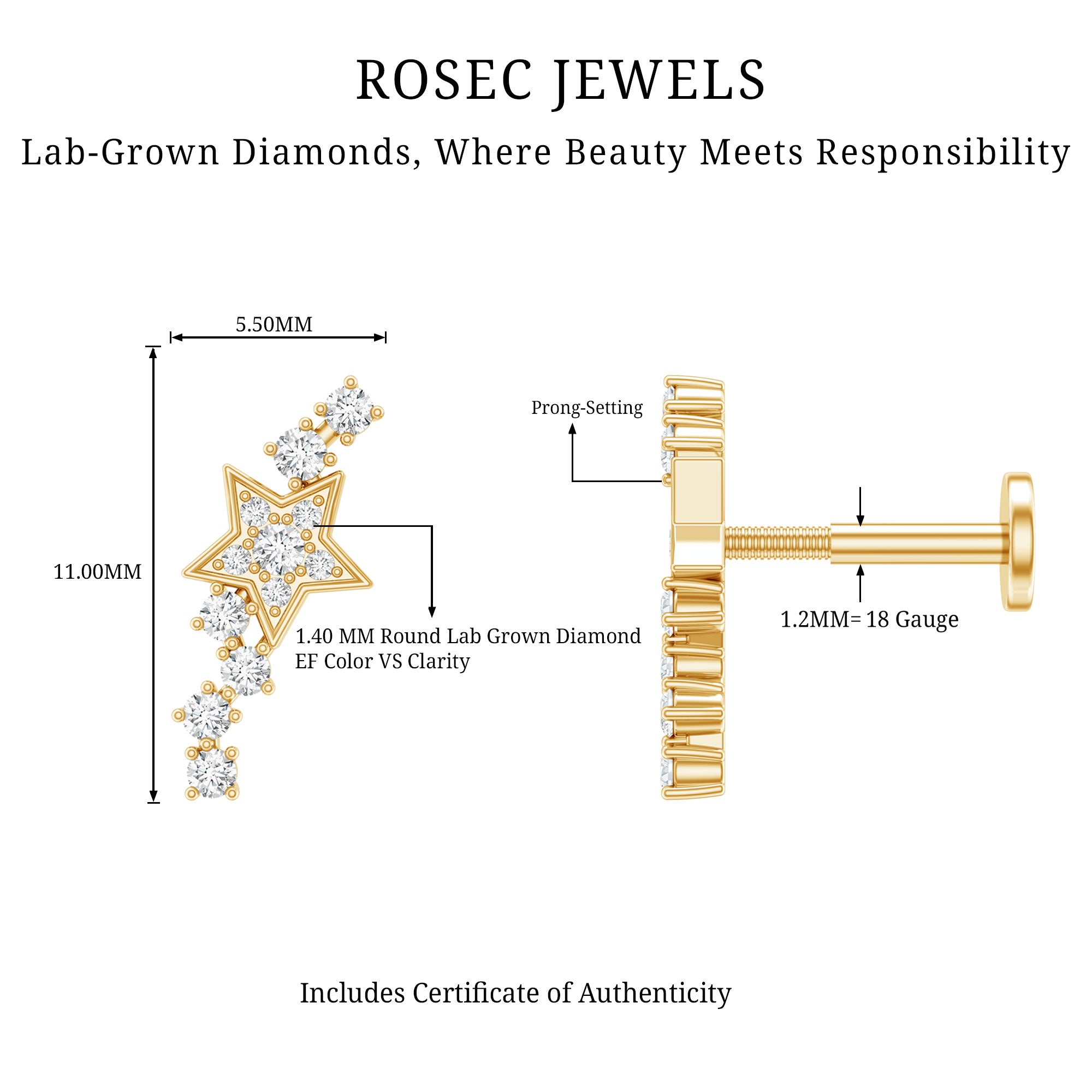 Certified Diamond Star Crawler Earring for Helix Piercing Lab - ( EF-VS ) - Rosec Jewels